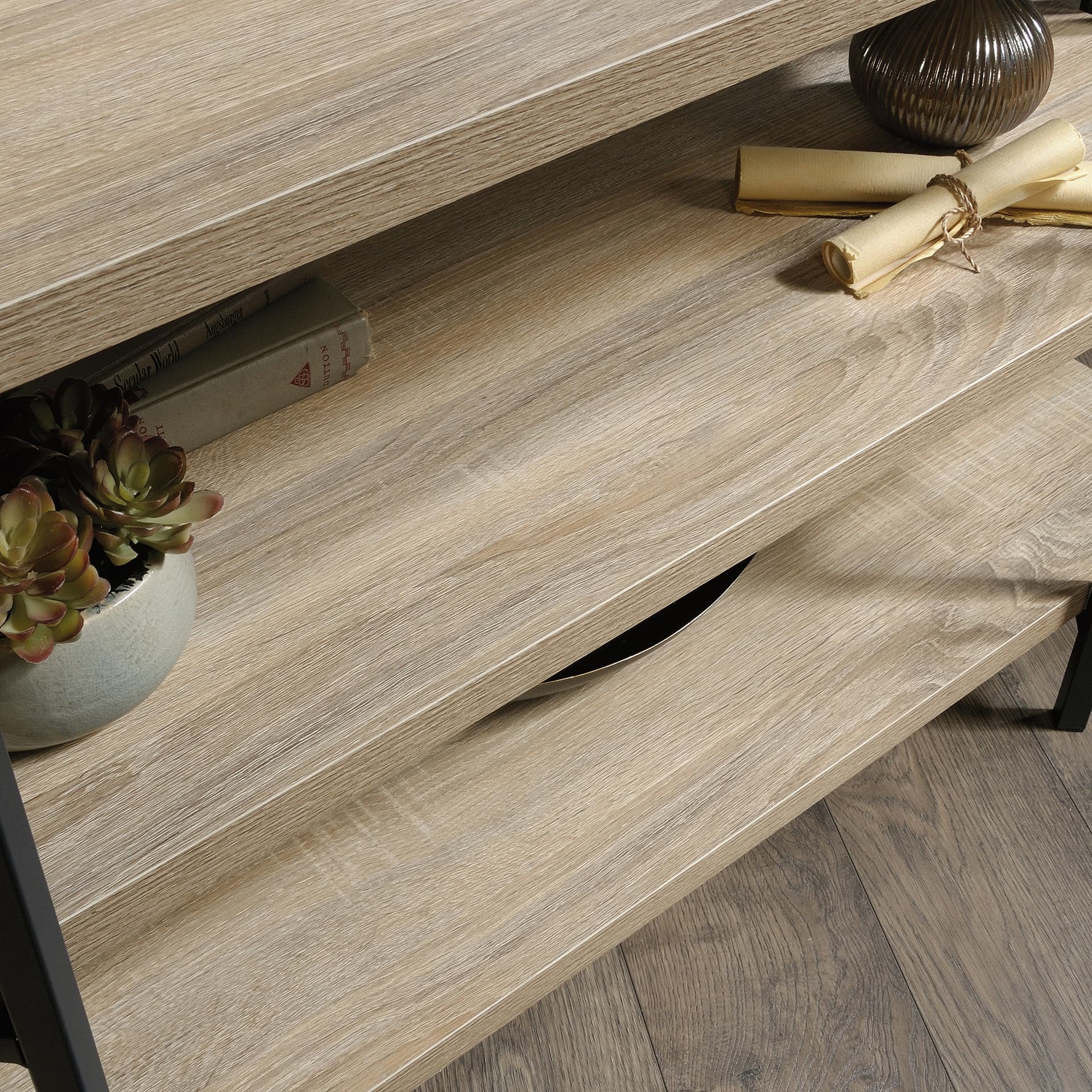 Wooden console table with shelves and contemporary industrial design