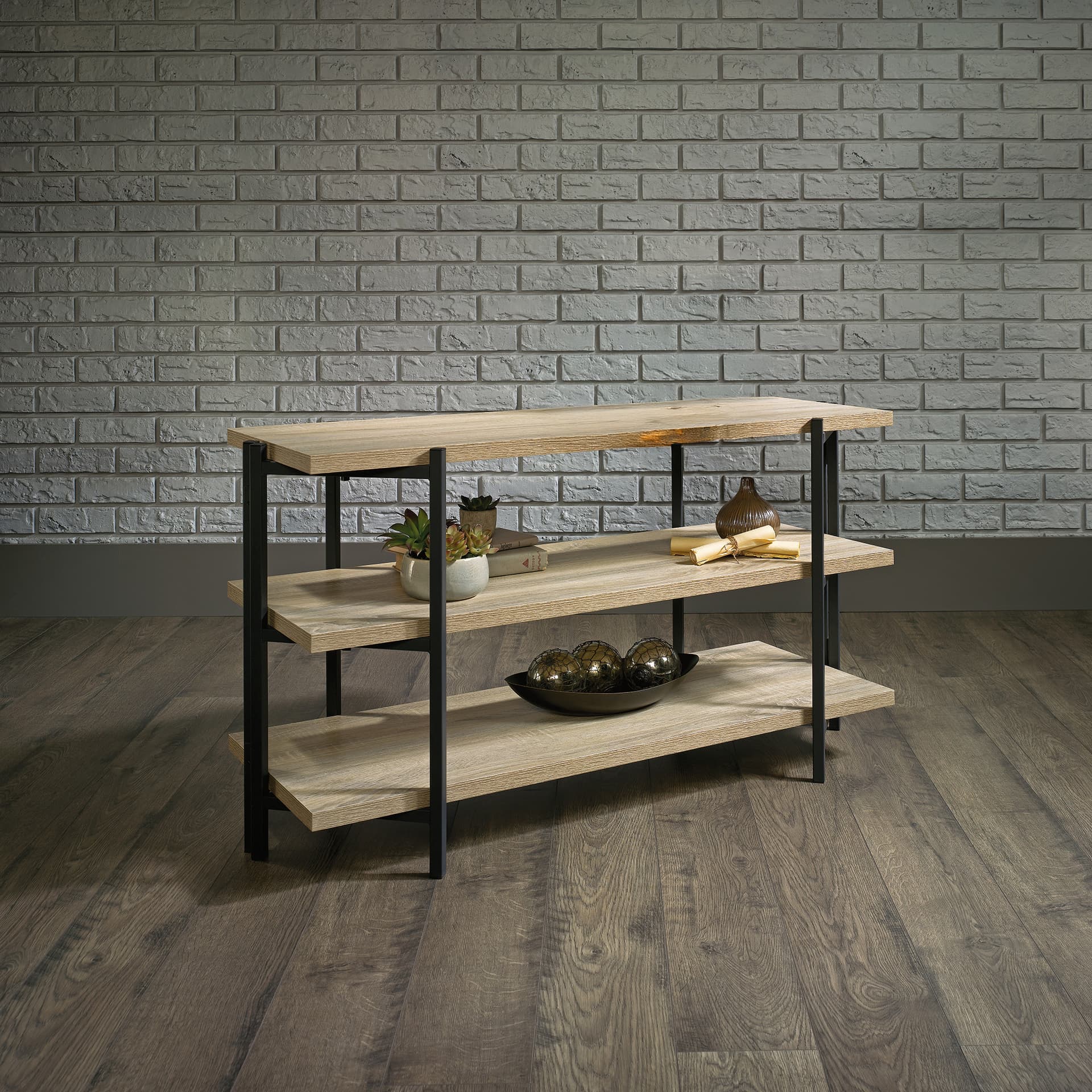 Wooden console table with shelves and no tool assembly 