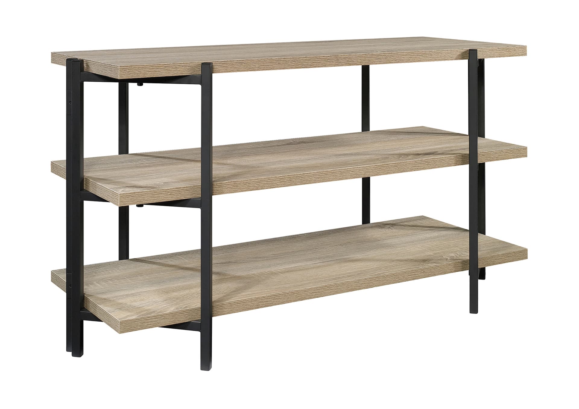 Wooden console table with shelves and powder coated frame