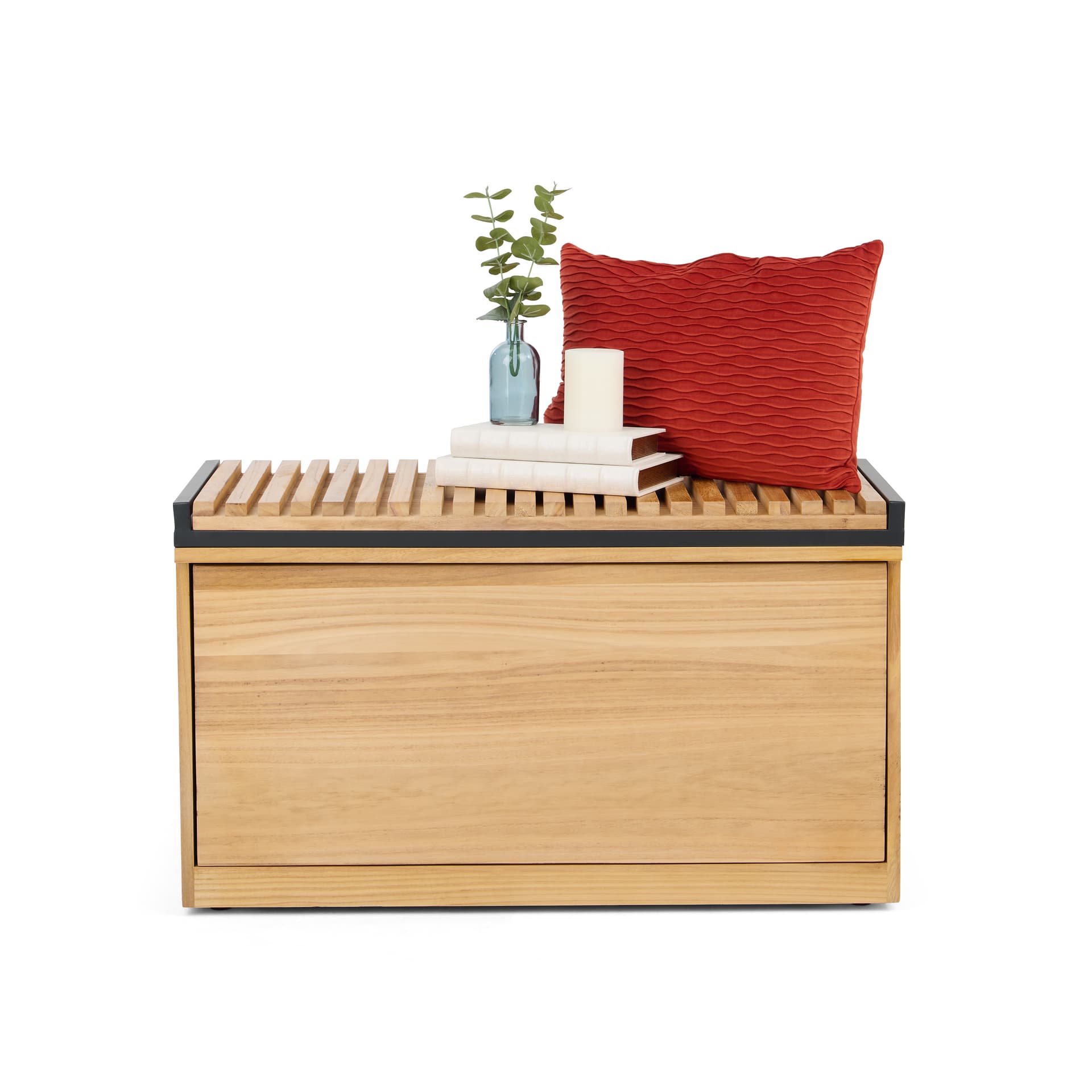 Retail display nesting tables storage bench with light wood finish	