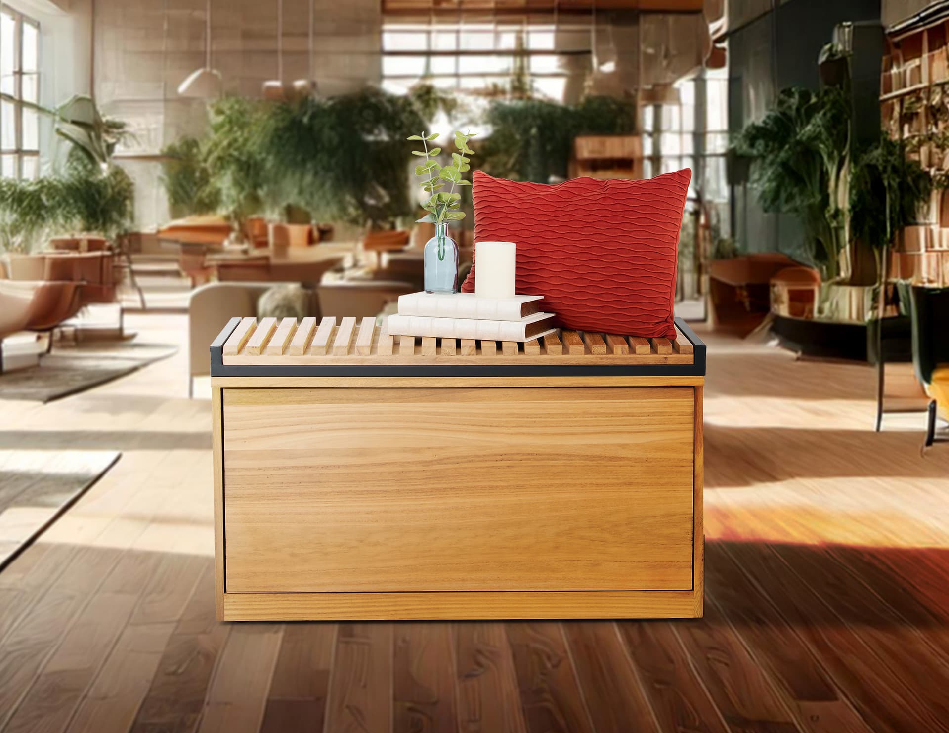 Retail display storage bench in retail setting