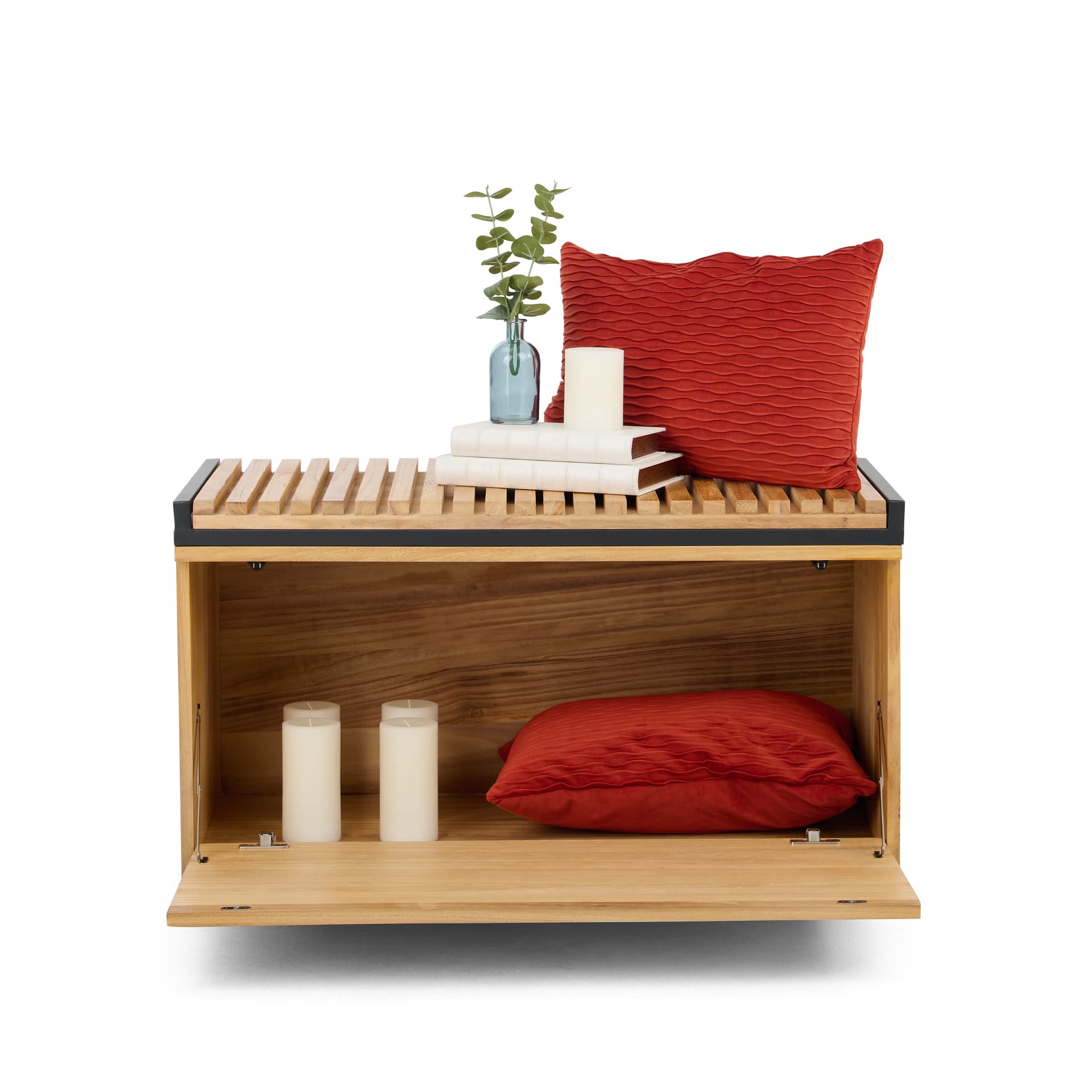 Retail display nesting tables storage bench with hinged storage door