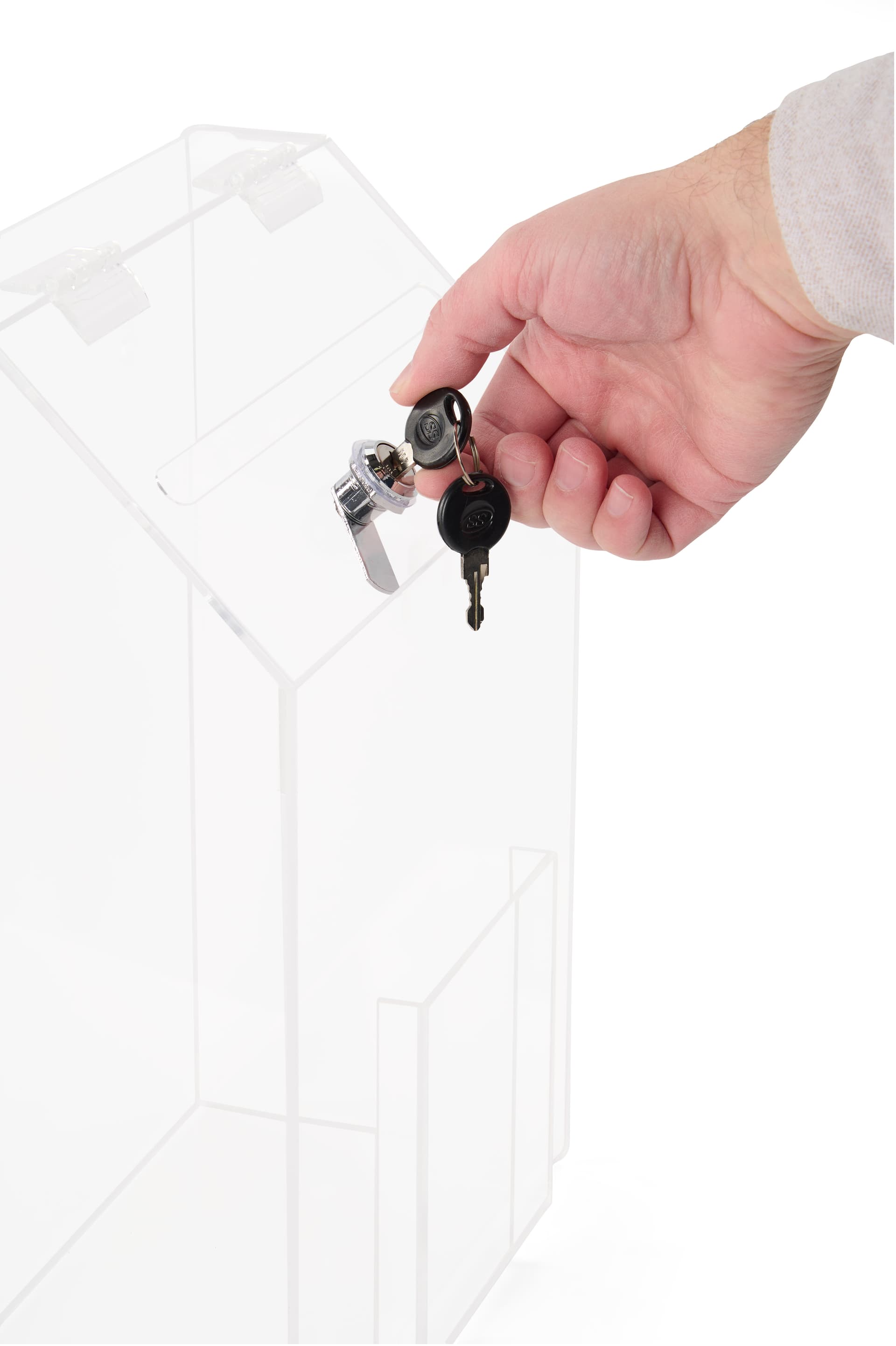Clear acrylic suggestion box with lock and keys