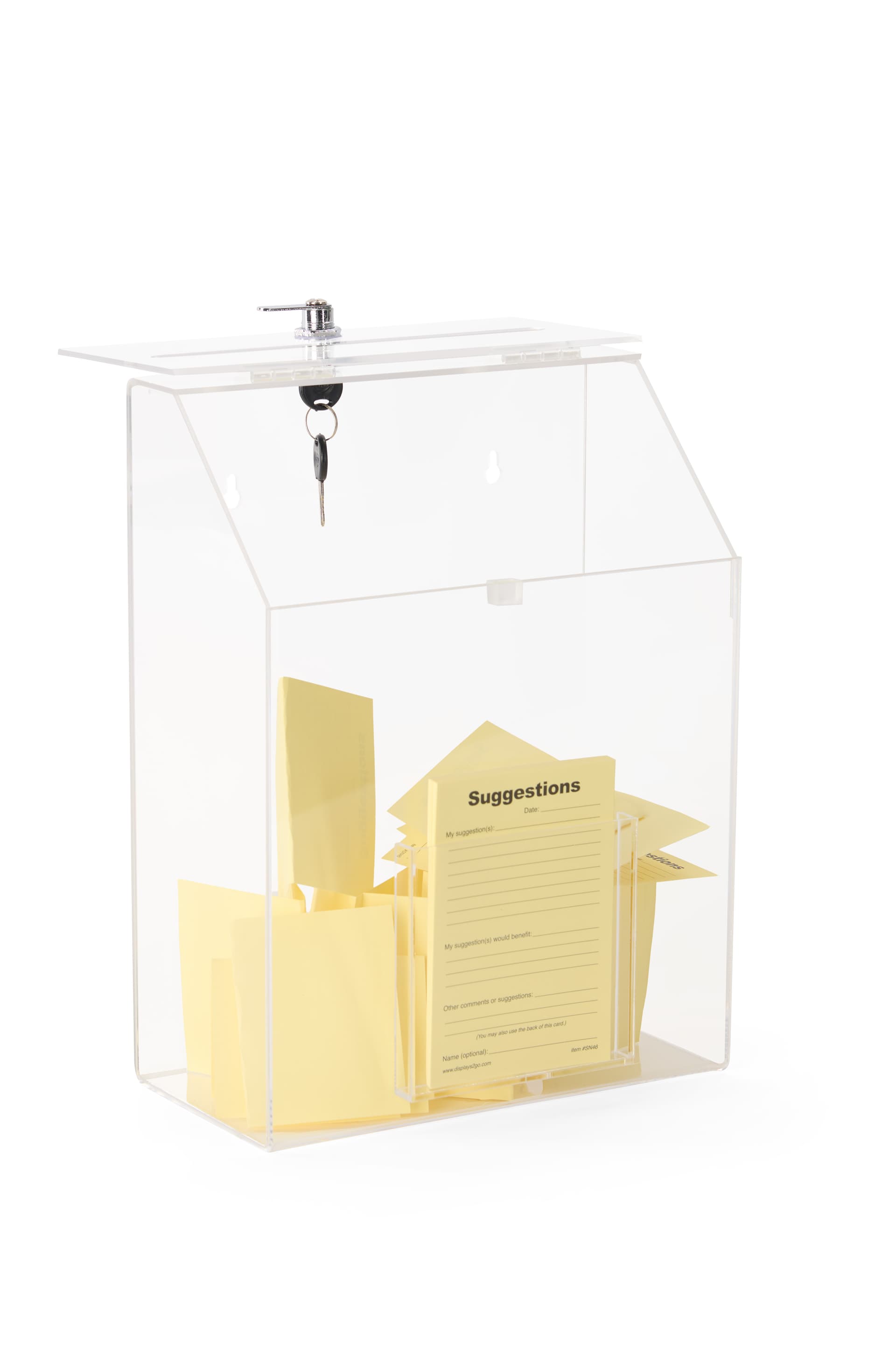 Clear acrylic suggestion box with hinged lid