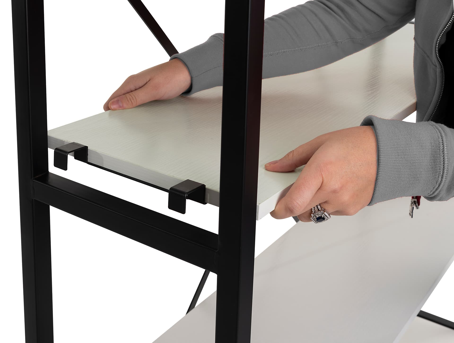 Folding multi-tier retail shelving with black iron bracket hardware