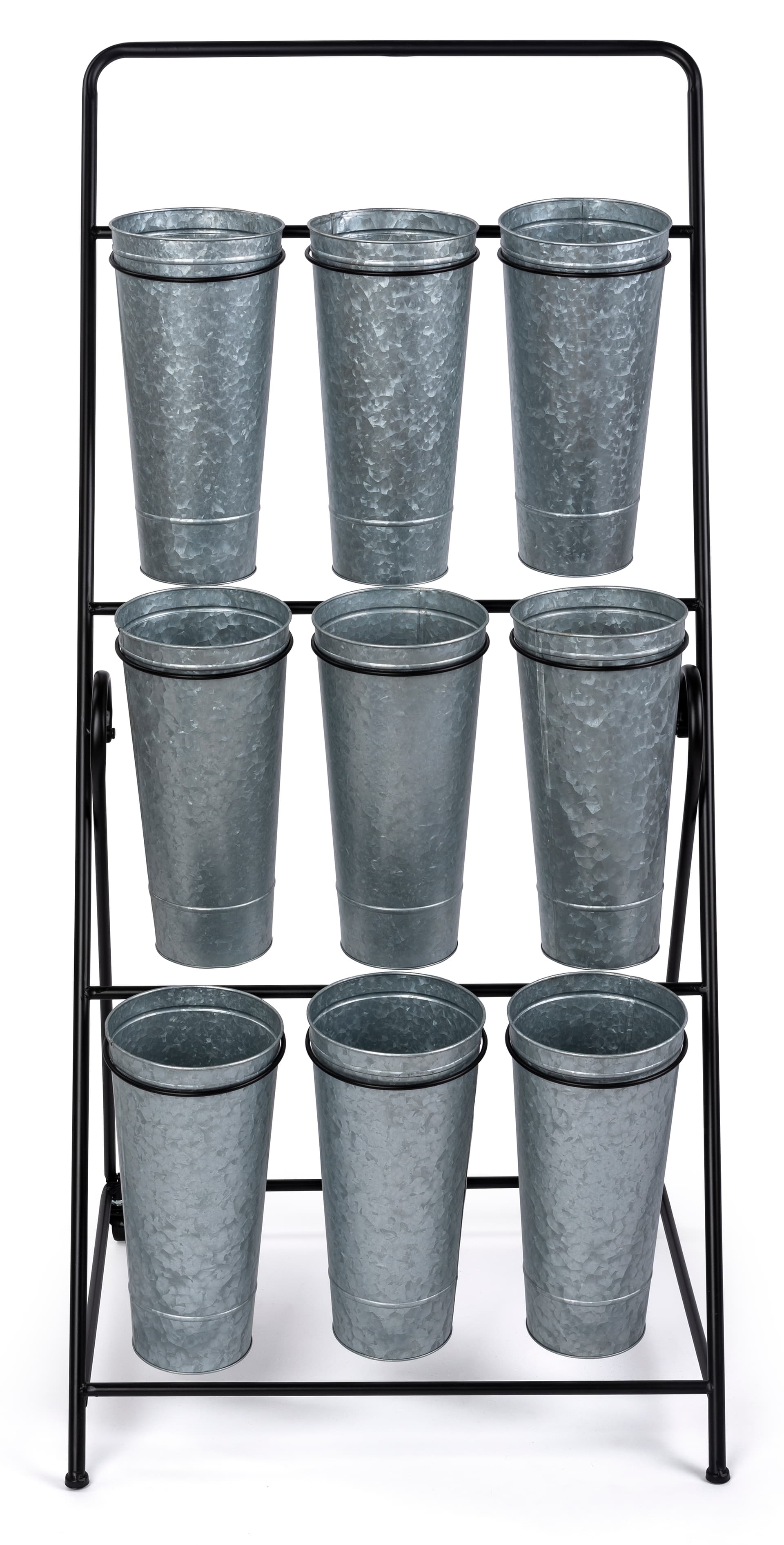 3-layer flower bucket rack with nine 6.25 inches wide by 13.5 inches tall buckets 