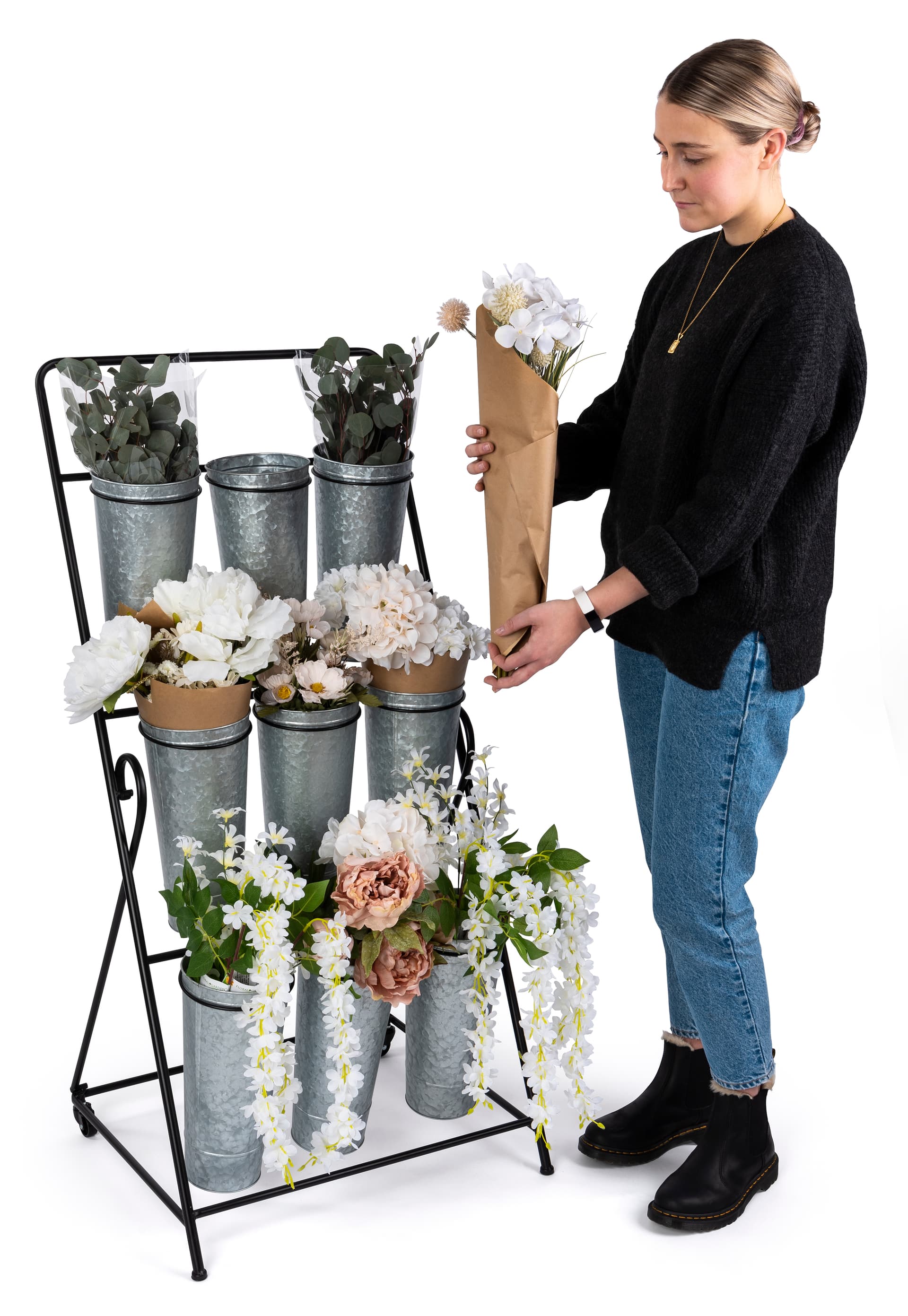 3-layer flower bucket rack with overall height of 50 inches