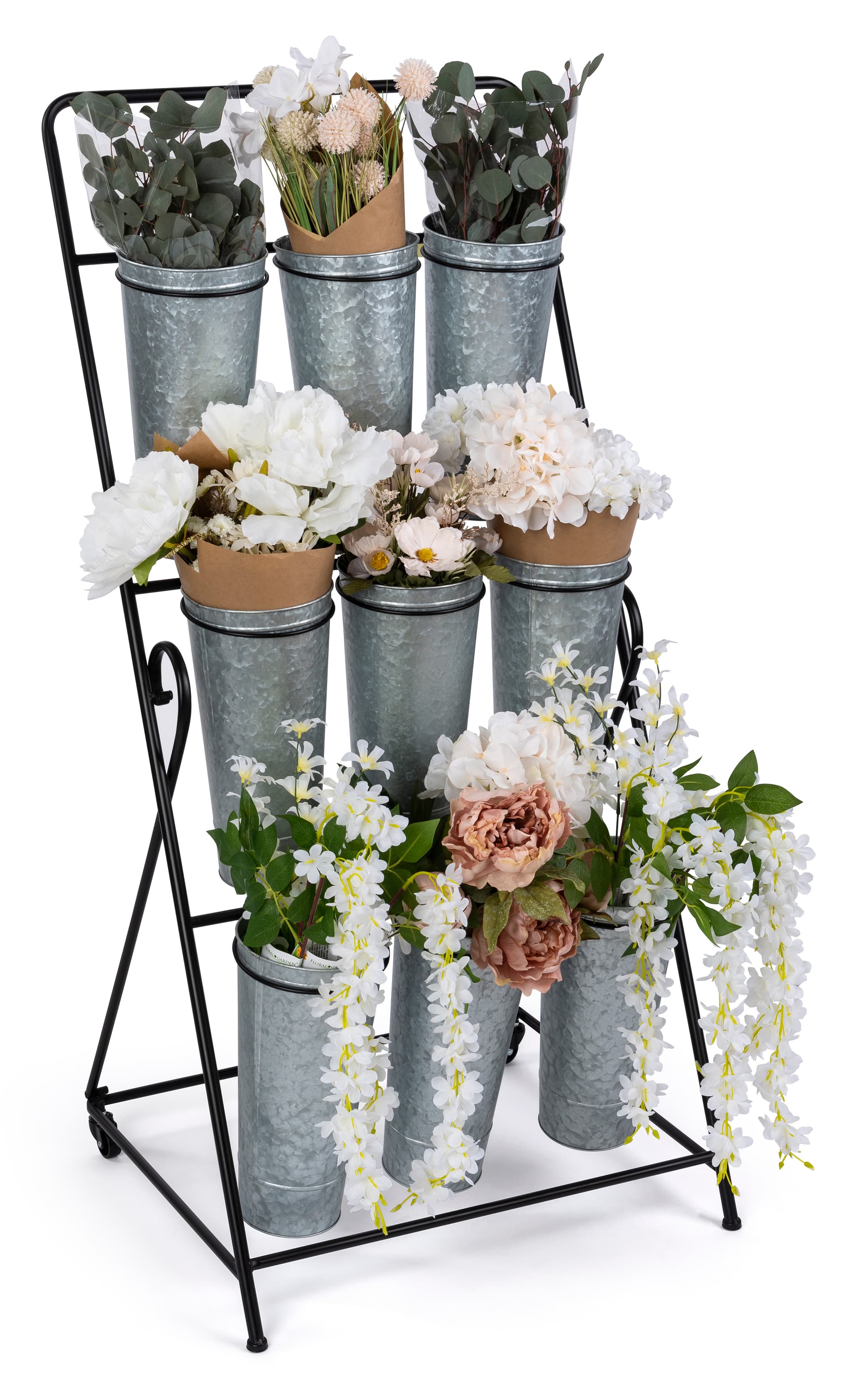 3-layer flower bucket rack with nine galvanized steel buckets