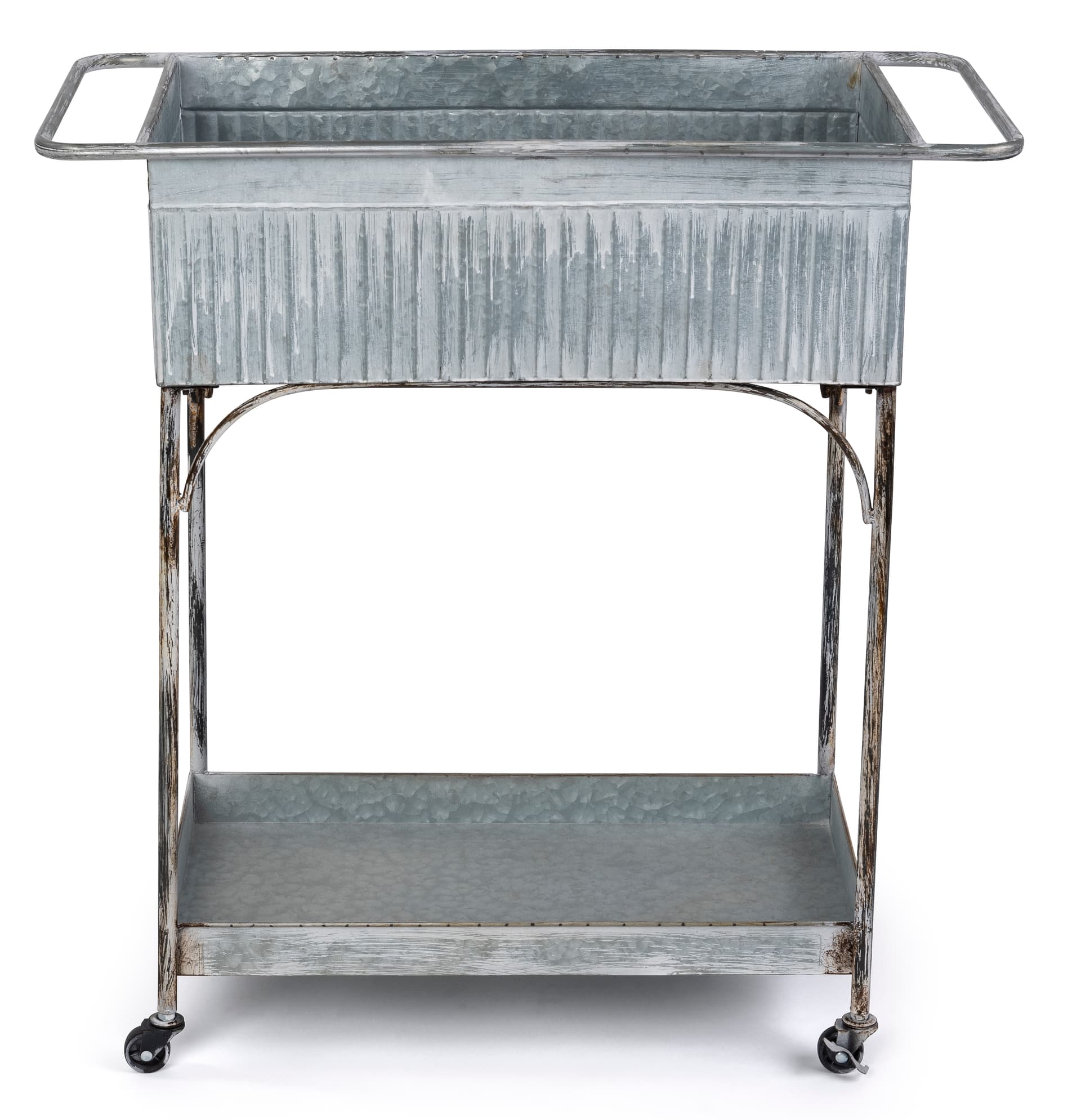 Whitewashed iron raised garden with overall dimensions of 31 inches wide 14 inches deep and 32 inches tall