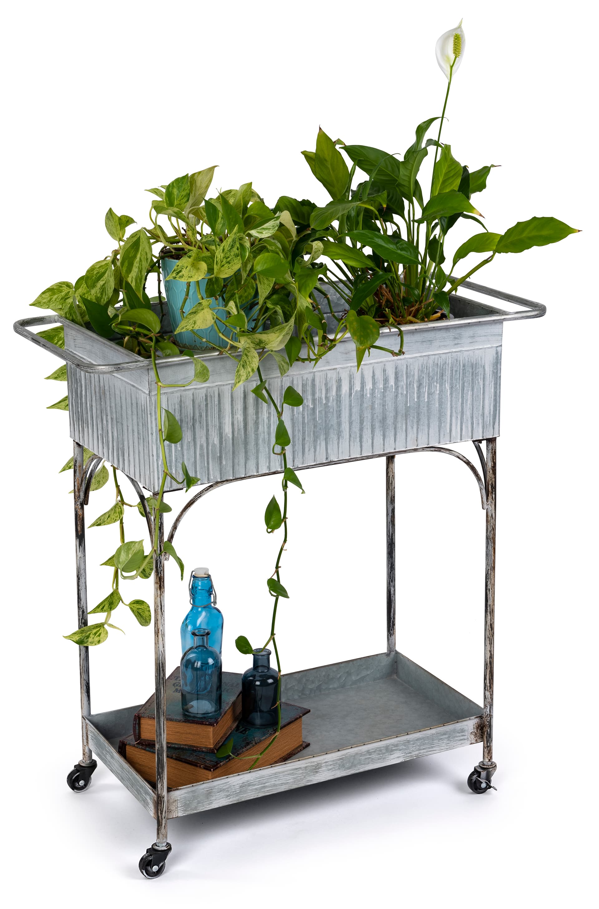 Whitewashed iron raised garden with 7.5 inch deep top tray