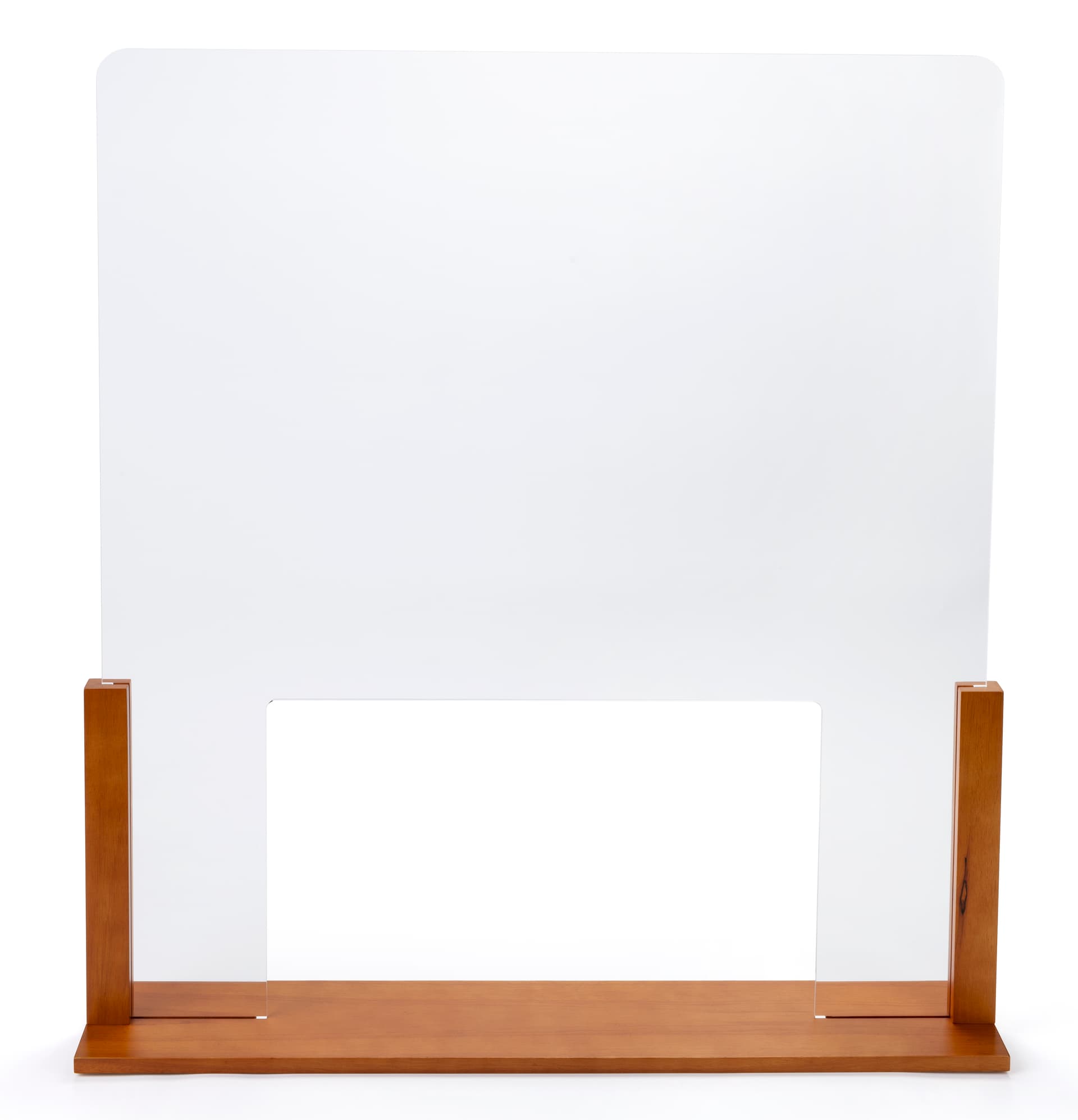 Upscale wood-framed sneeze guard with passthrough and modern design