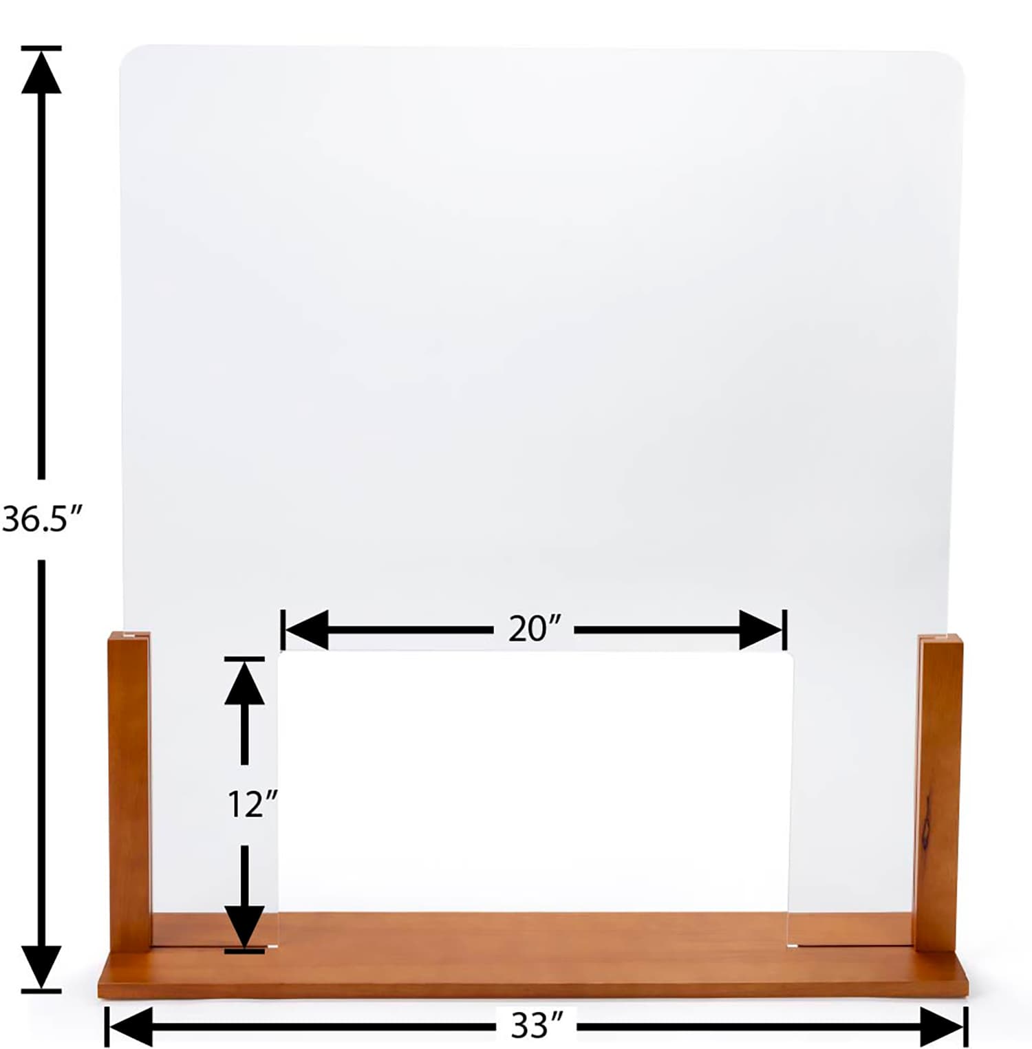 Upscale wood-framed sneeze guard with passthrough that is 20 inches wide by 12 inches tall