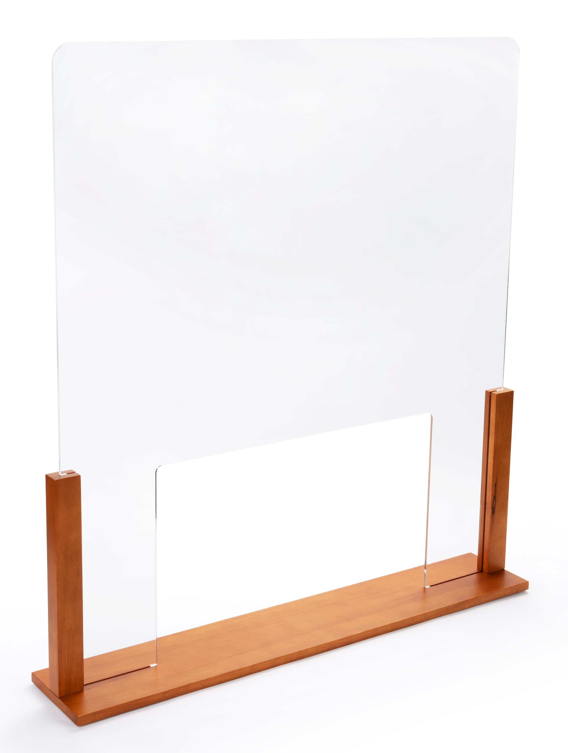 Upscale wood-framed sneeze guard with passthrough and 6mm thick clear acrylic panel