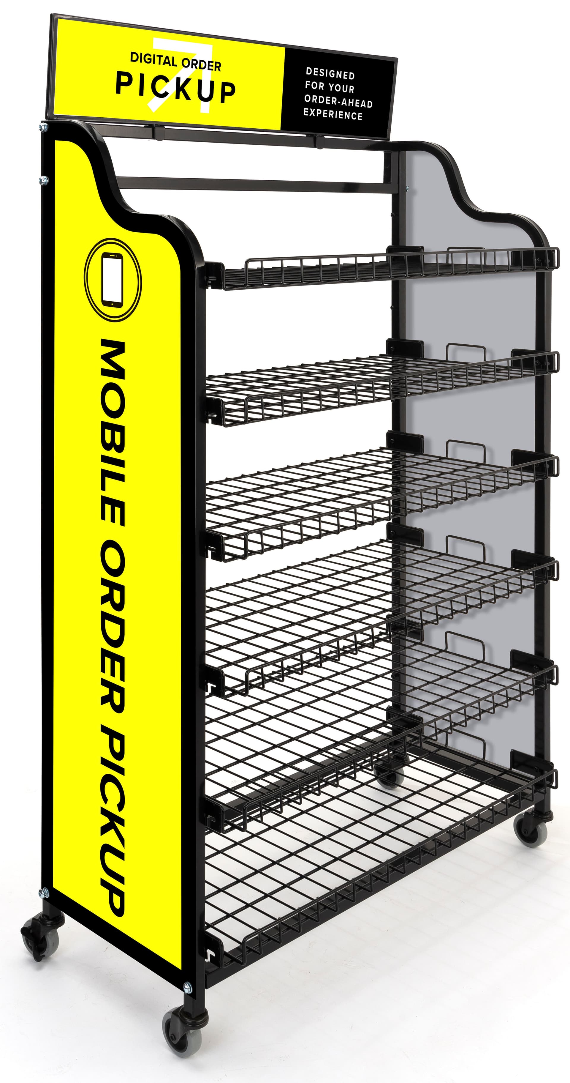 Mobile order pickup stand with UV printed styrene graphics