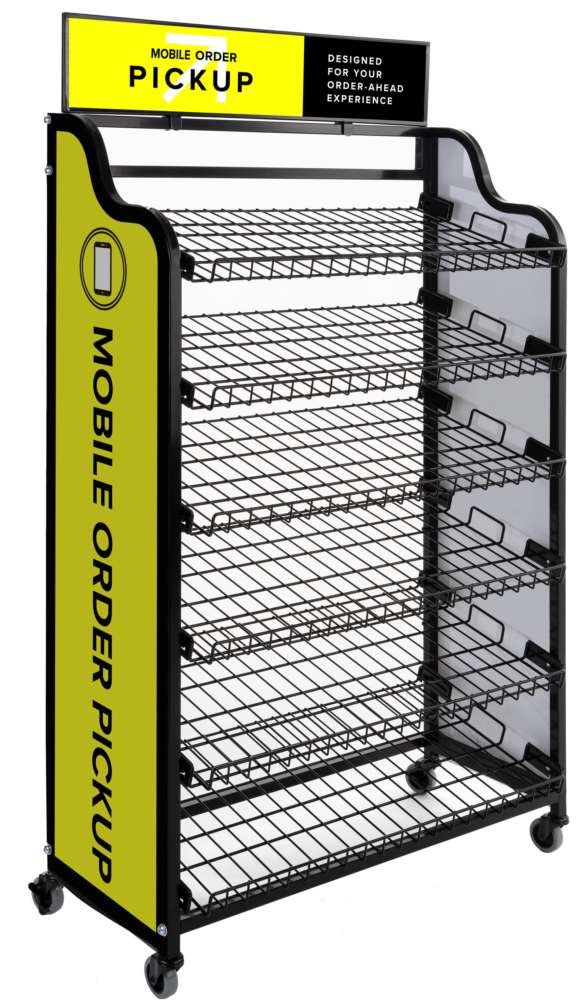 Mobile order pickup stand with matte black durable steel frame 