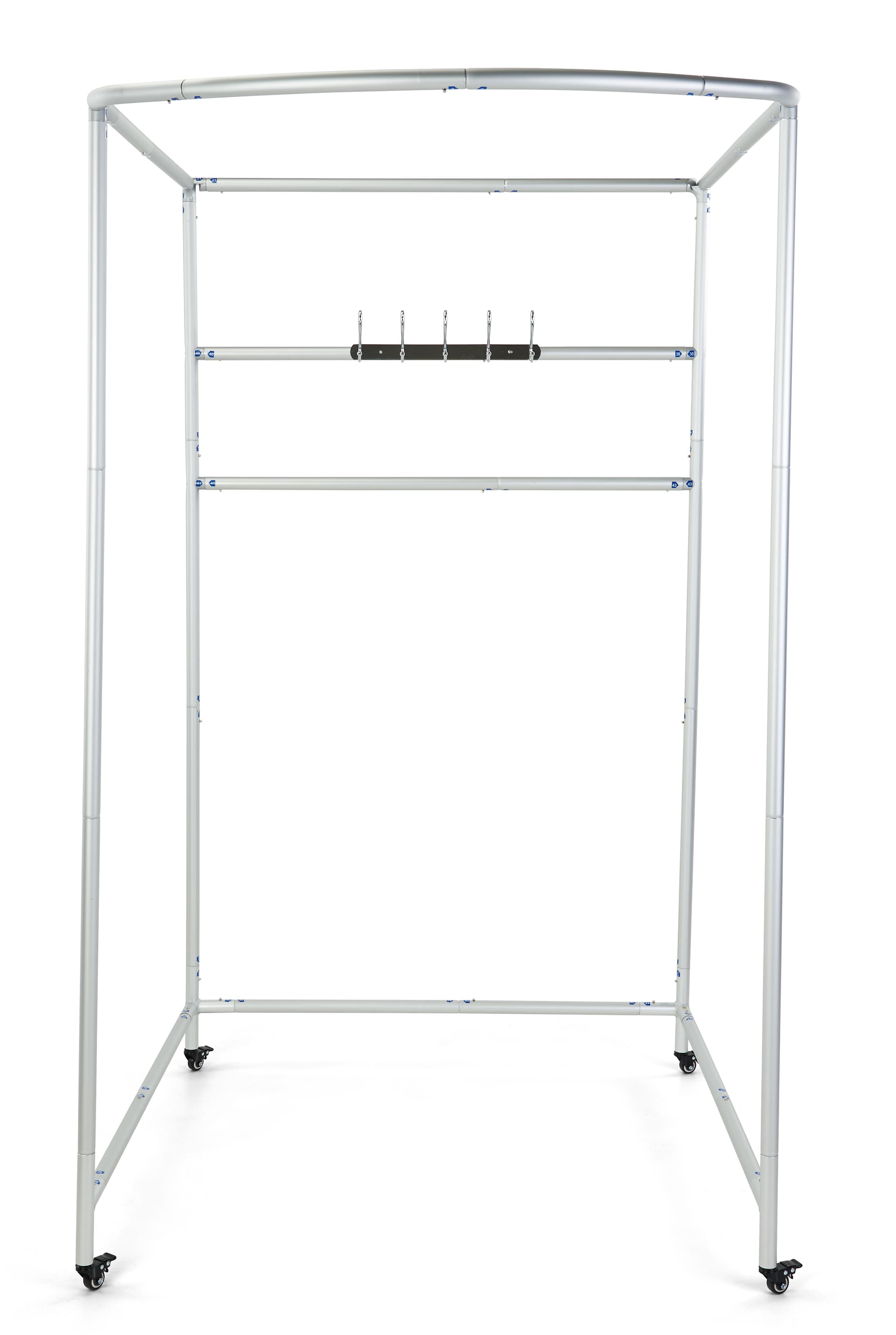 Mobile fitting room frame with 48 inch wide by 60 inch deep interior space