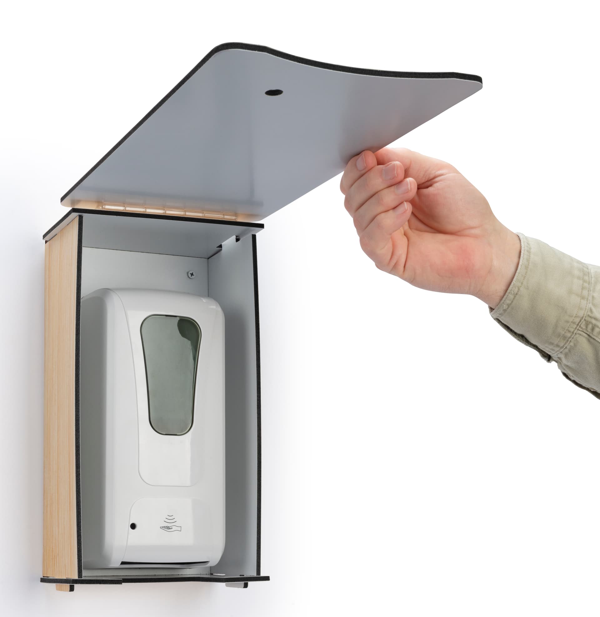Wall mount sanitizer with dispenser cover and hinged design