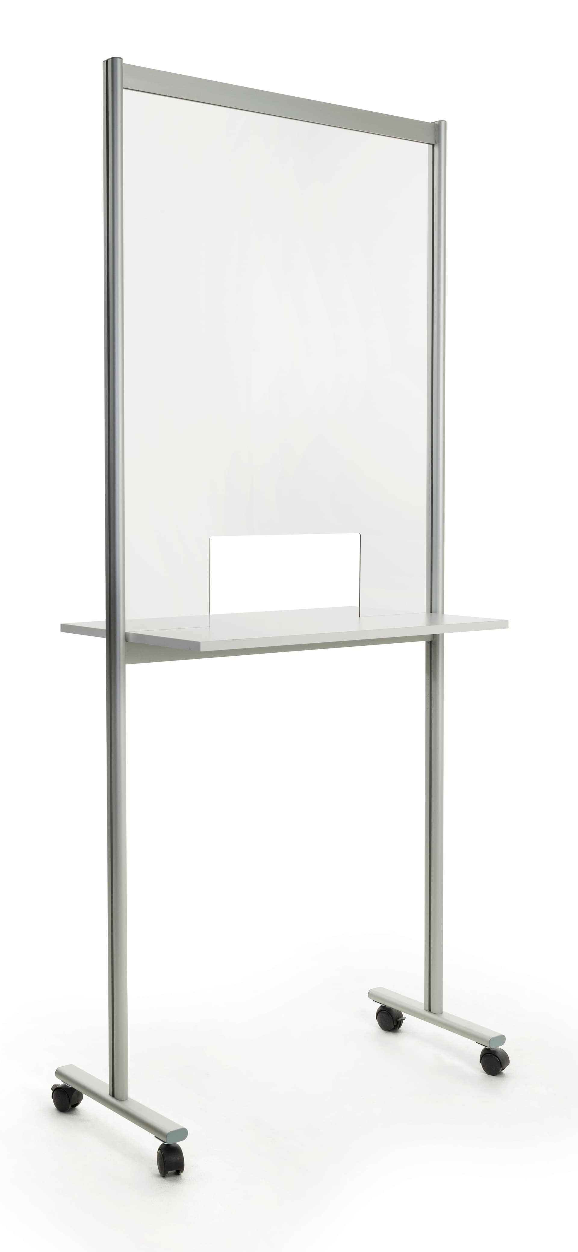 Portable acrylic sneeze guard with 15.75 inch by 7.8 inch transaction slot