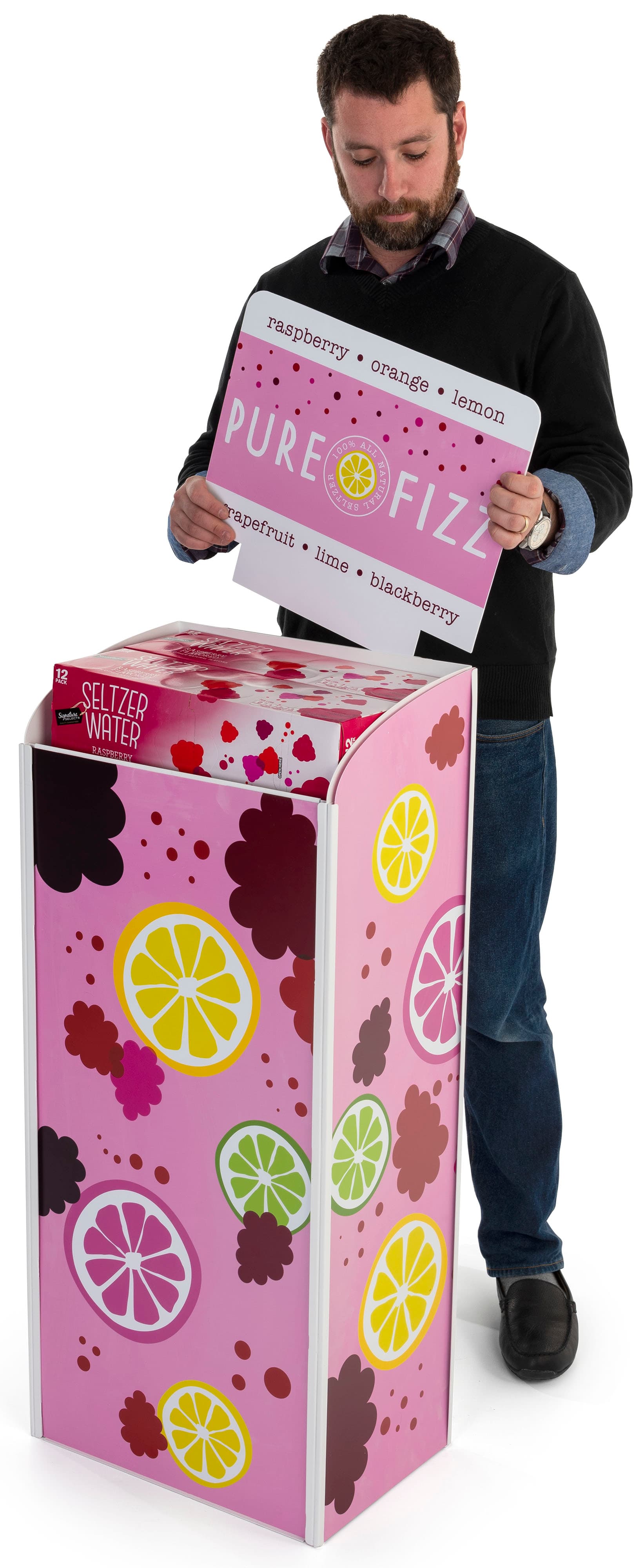 Floor standing custom retail beverage rack includes graphics with full bleed 