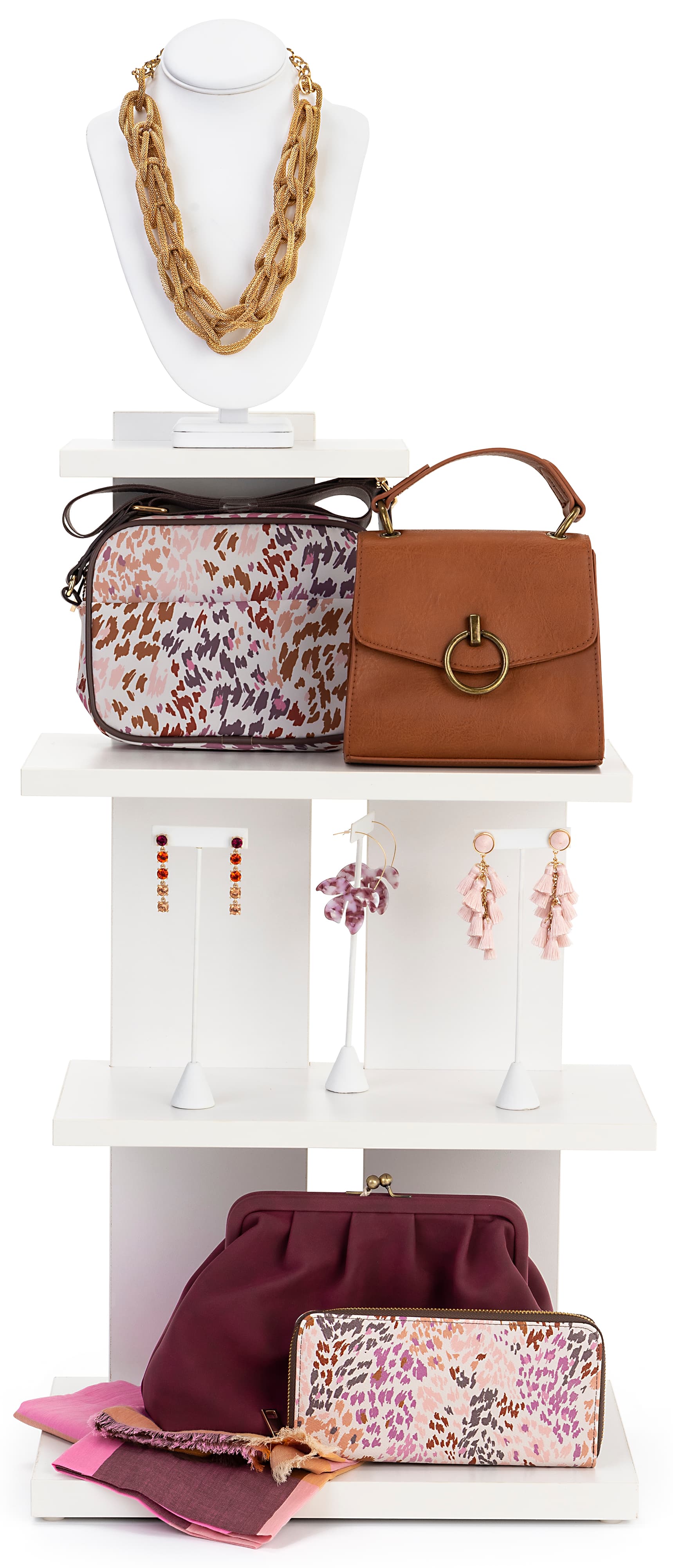 Tiered retail shelving display includes protective rubber feet 