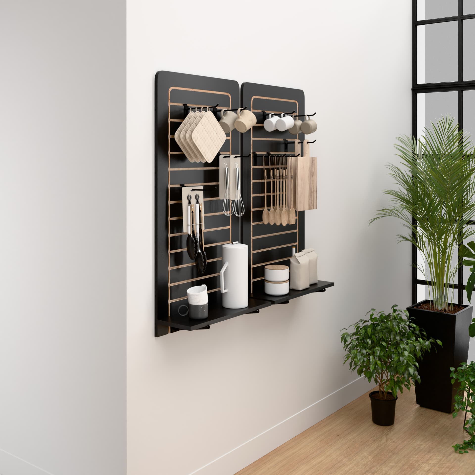 Retail slatwall panels wall mounted in retail store