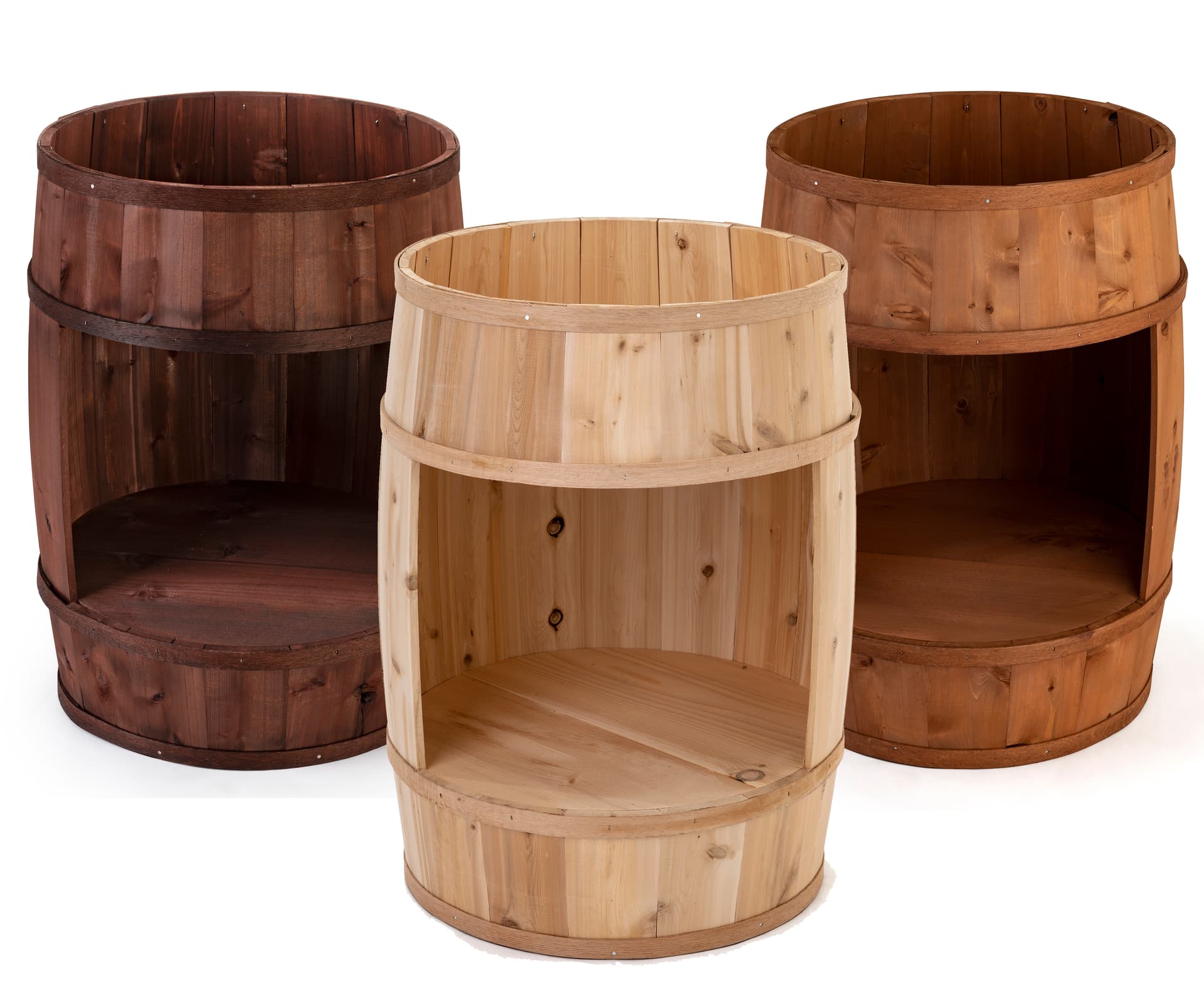 Bourbon barrel display case with three color options