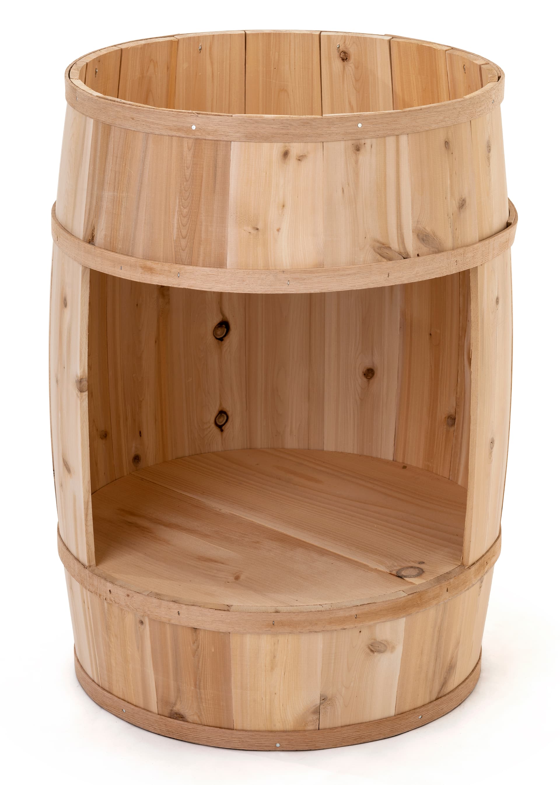 Bourbon barrel display case with overall height of 30.5 inches