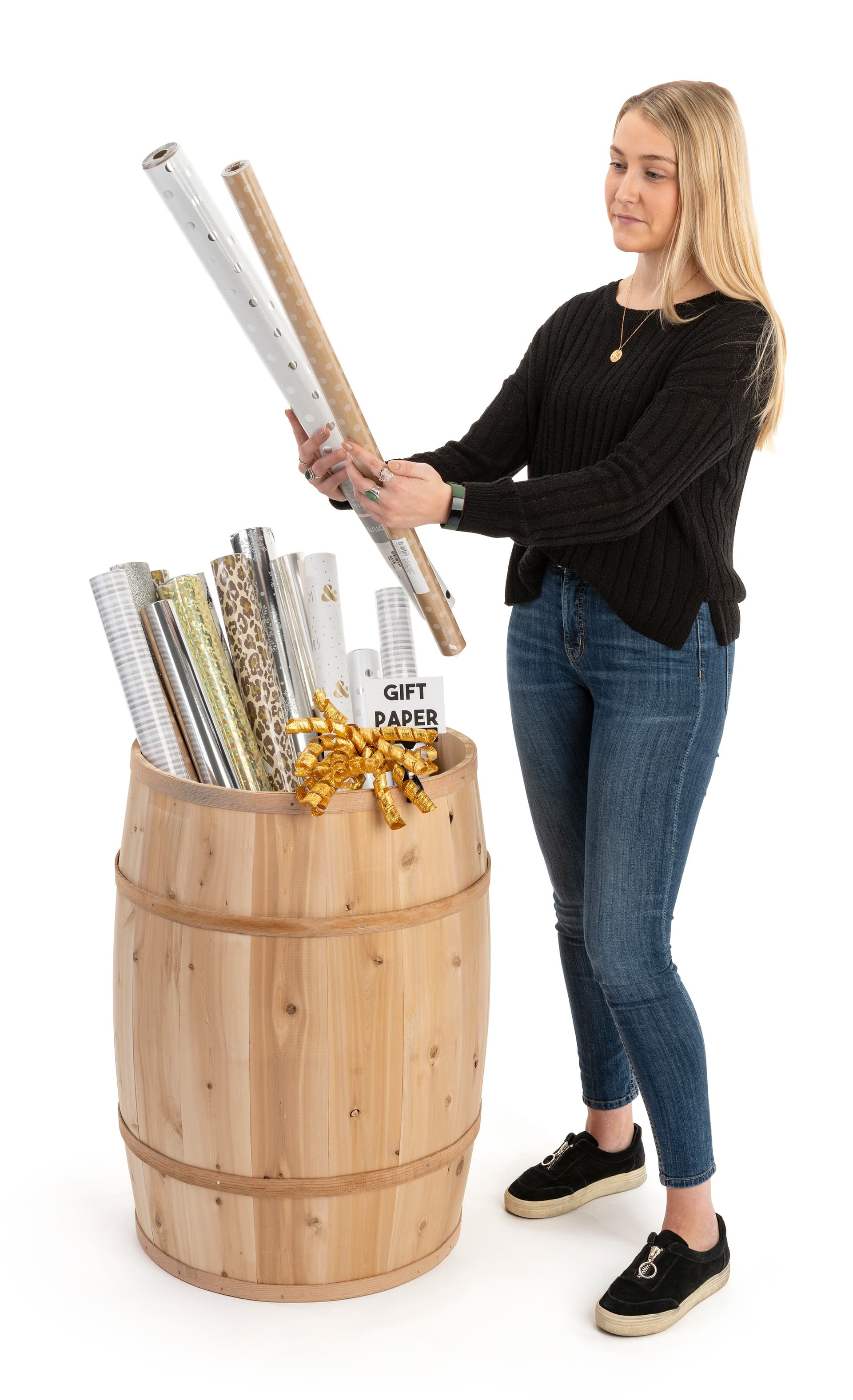 Wooden display barrel with ample storage space