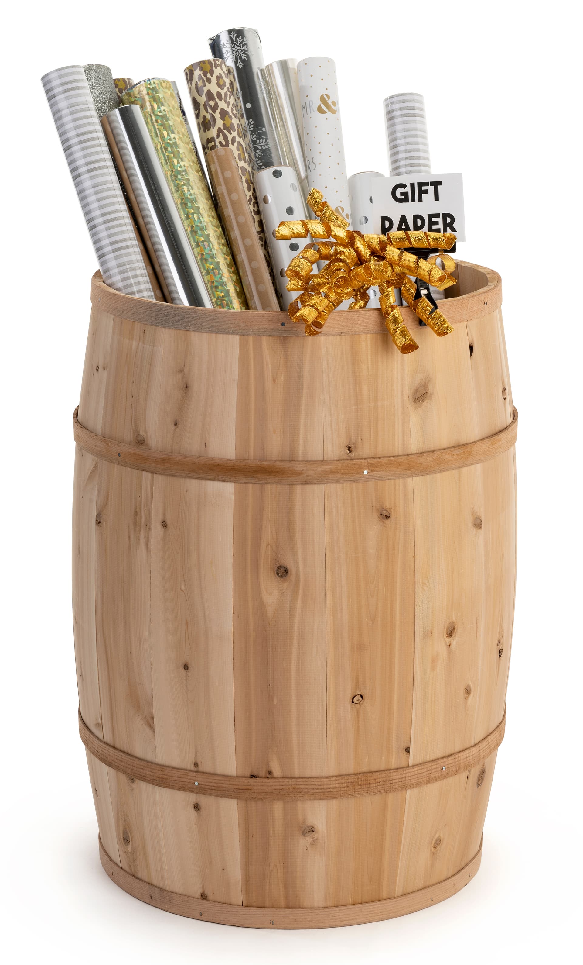 Wooden display barrel with natural finish