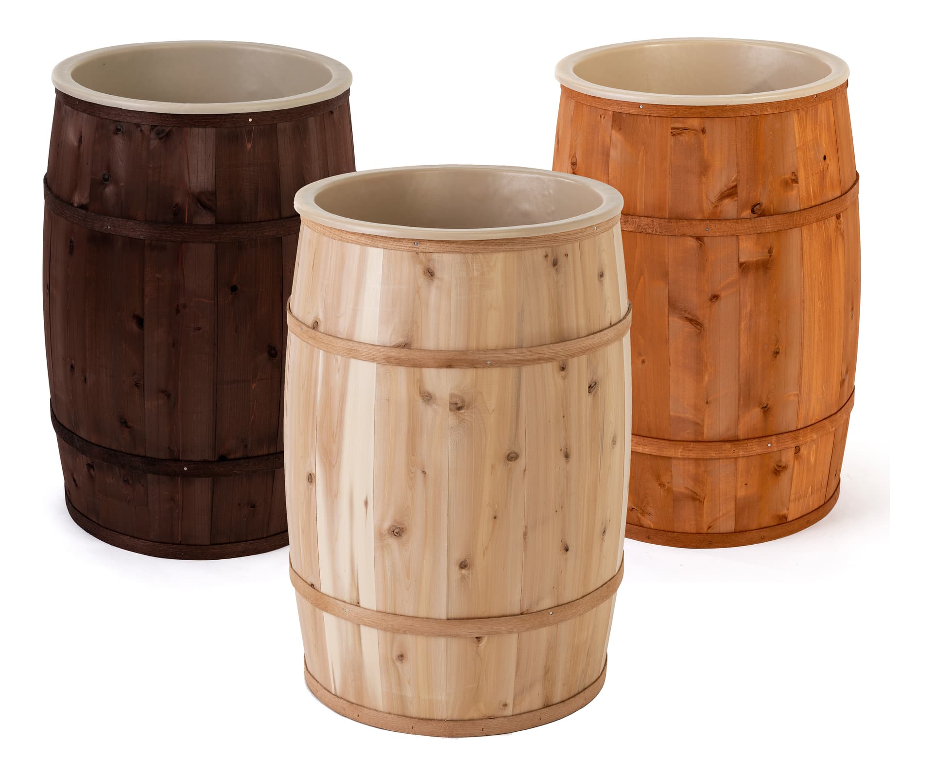 Food grade cedar barrels with a variety of finishes