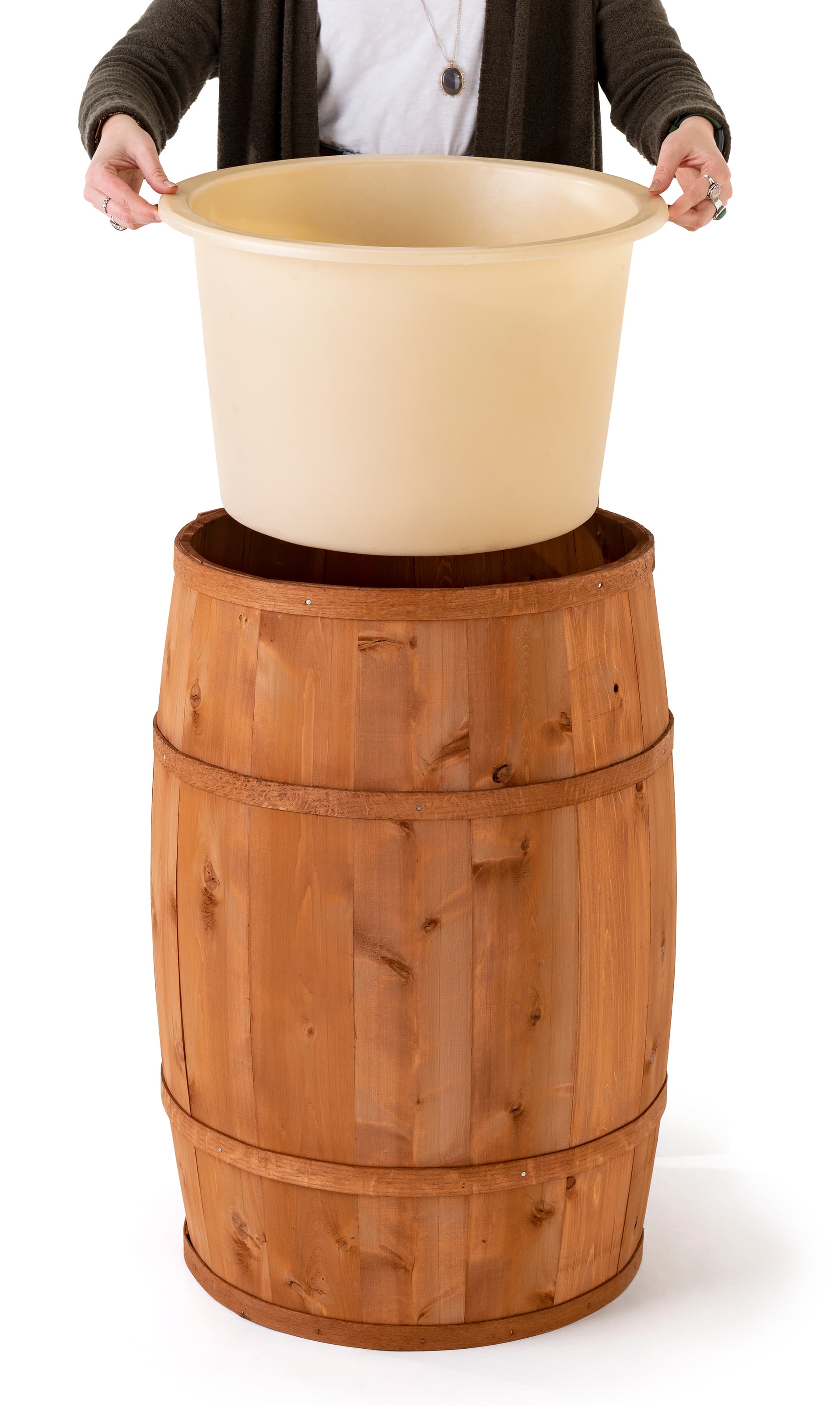 Food grade cedar barrel with removable plastic liner for easy cleaning