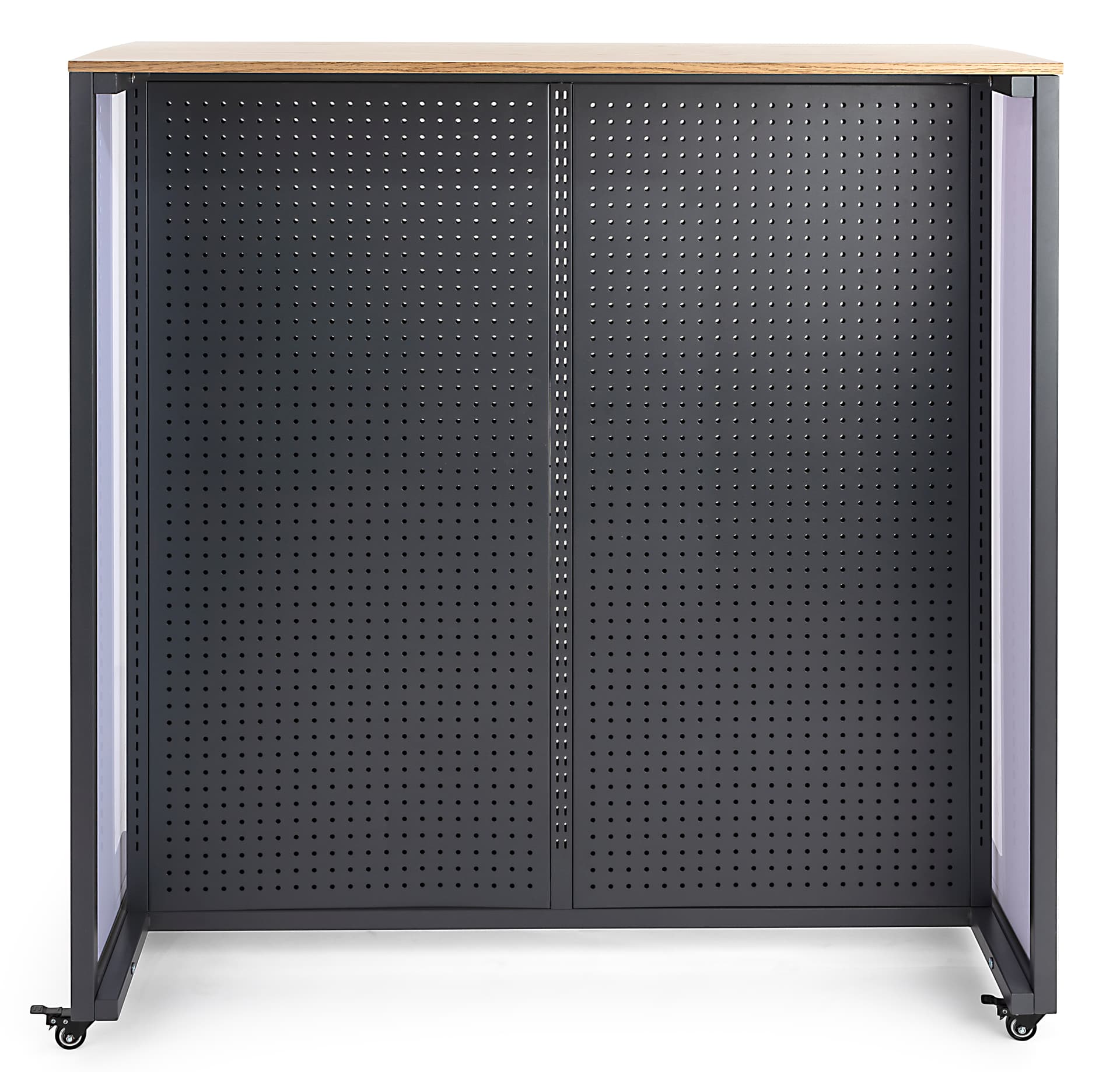Rolling modular gondola unit with mild steel and oak veneer MDF build