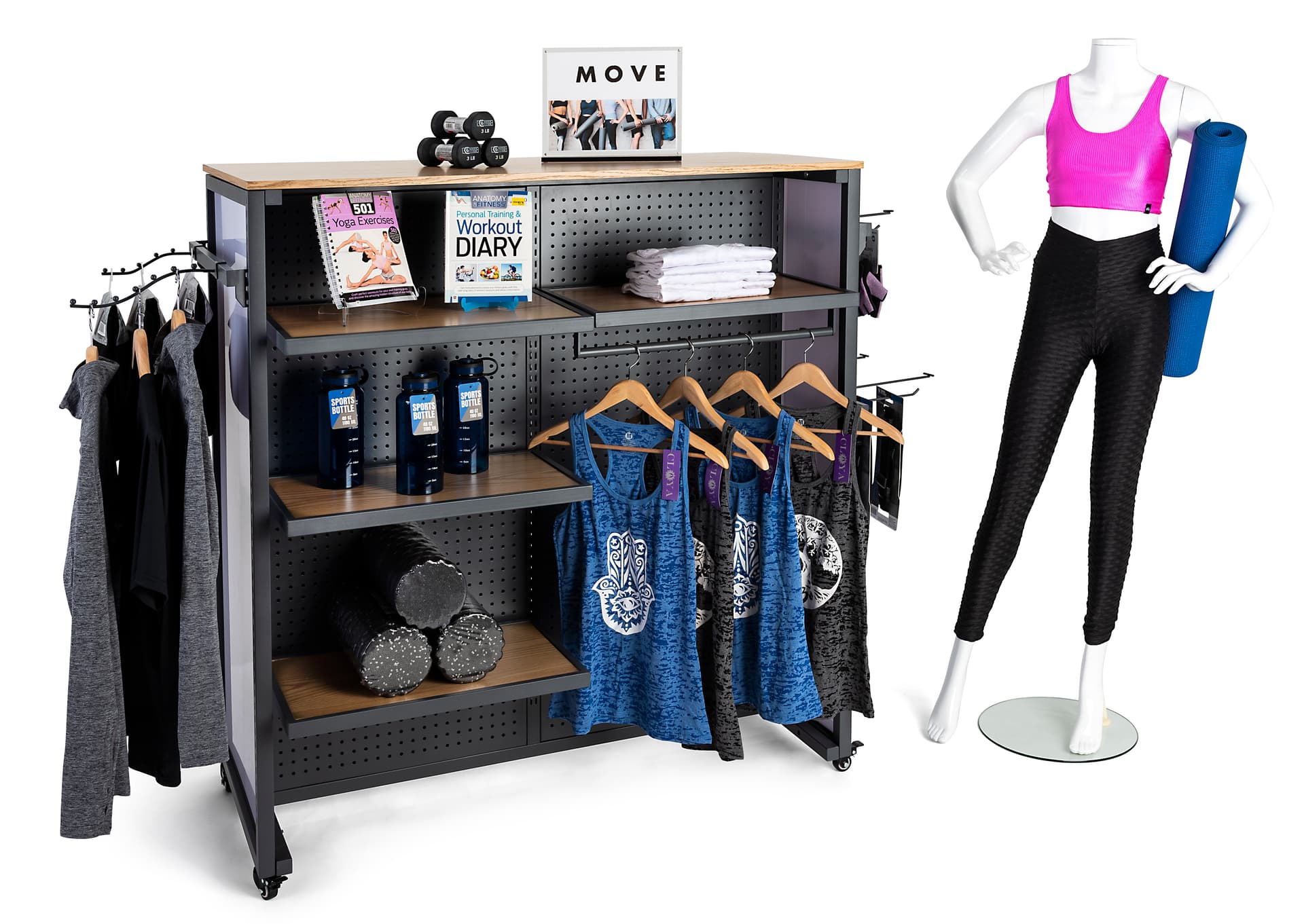 Rolling modular gondola unit with sleek and practical design for retail stores