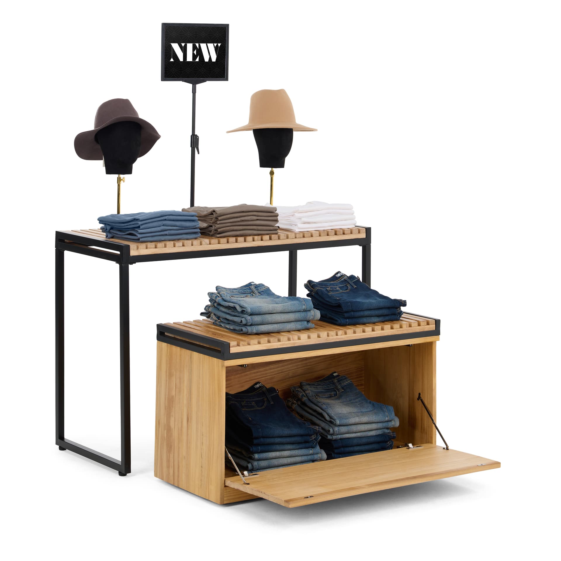 Retail display nesting tables with open storage
