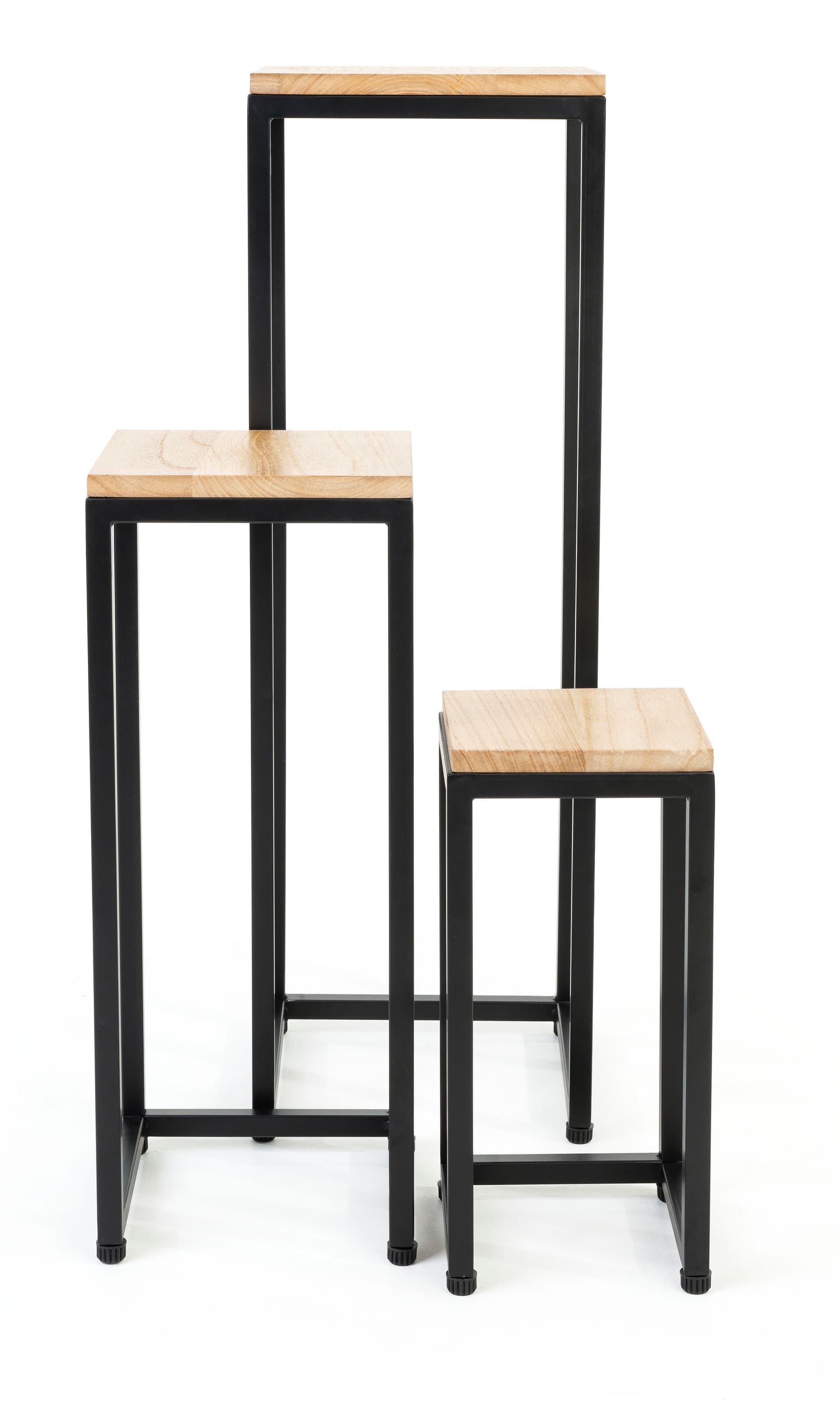 Wooden display tables with pine natural wood and black metal