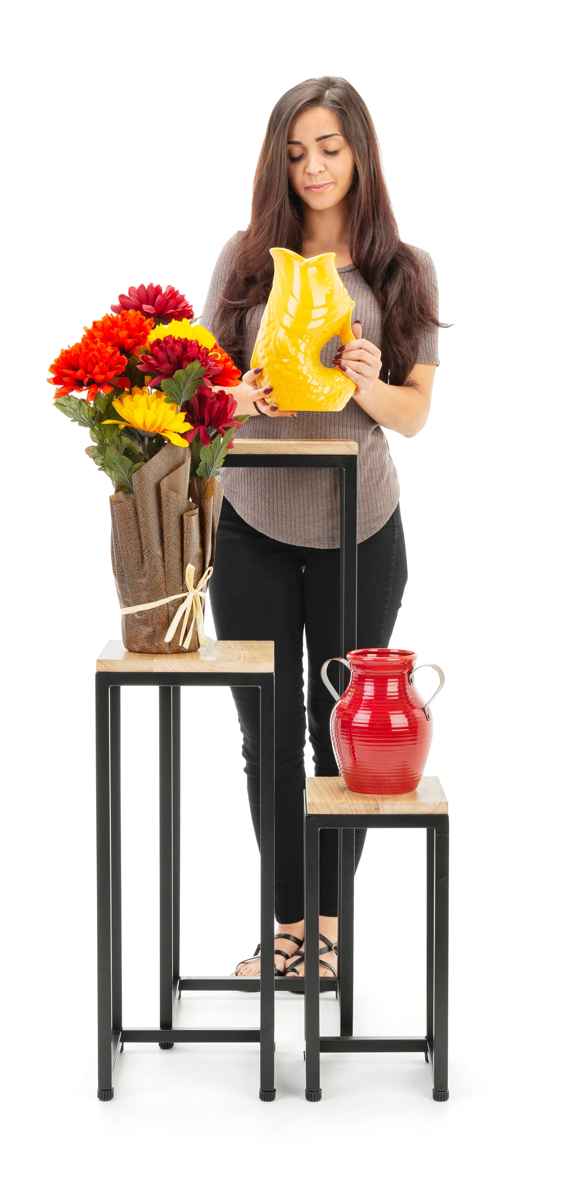 Wooden display tables have multi display choices