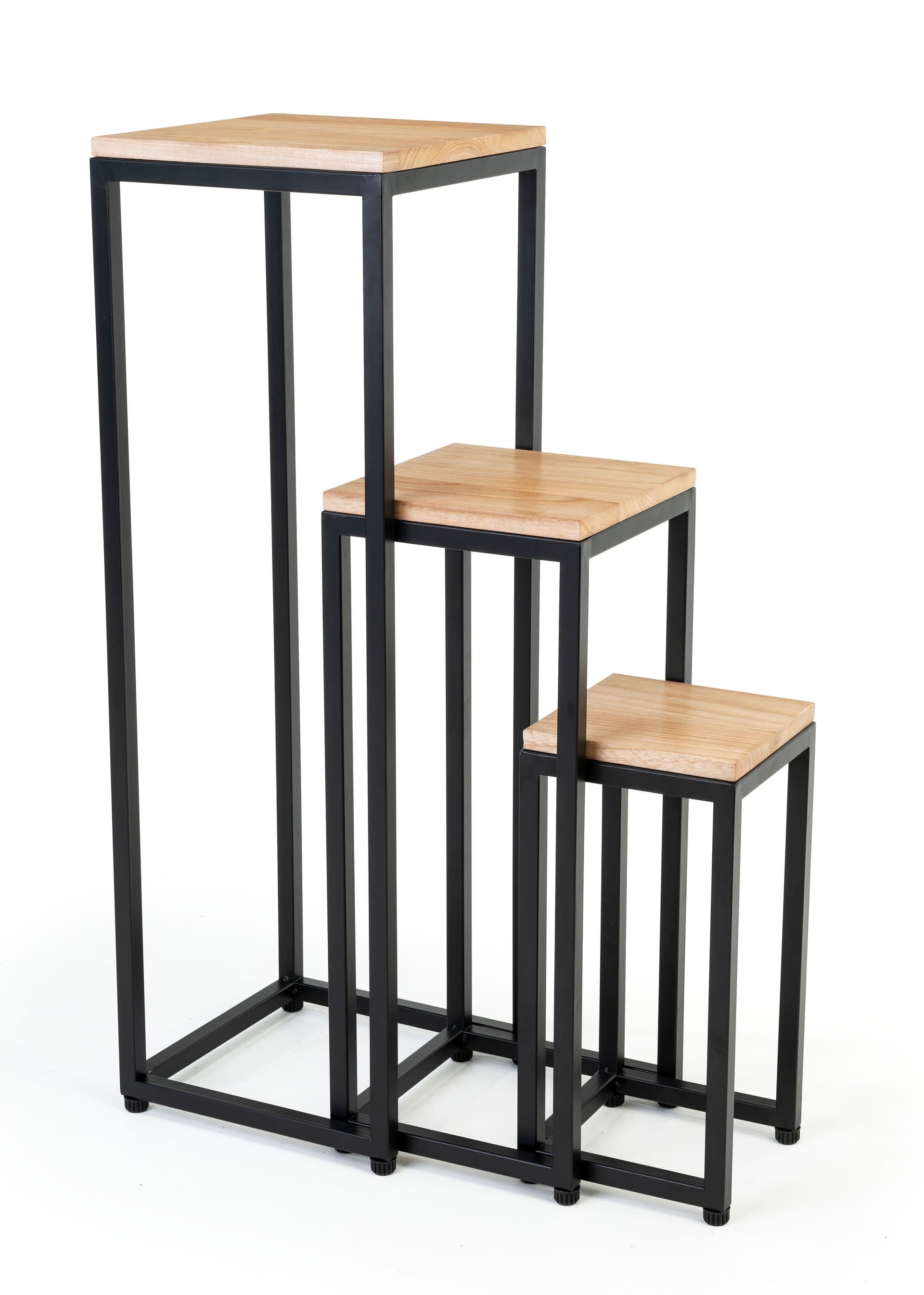 Wooden display tables with natural wood tops