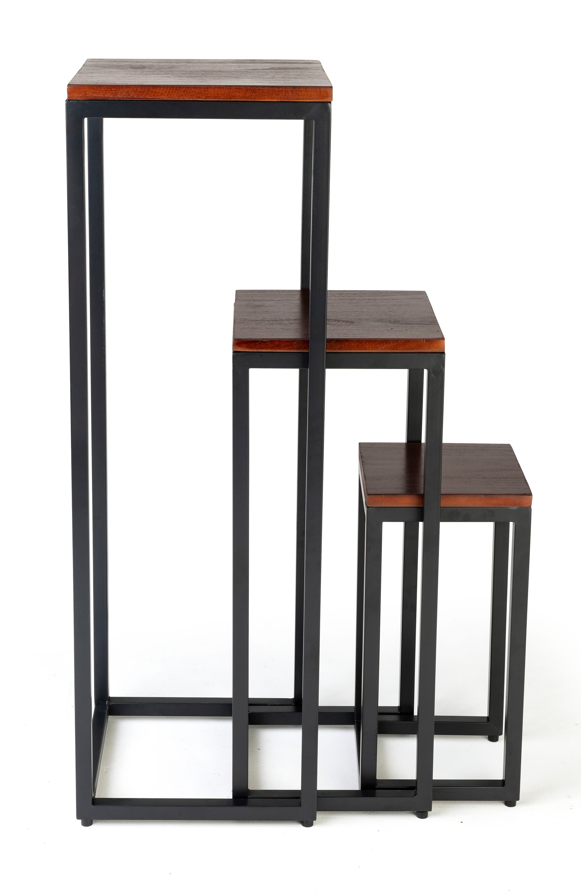 Rustic wood nesting tables conveniently slide into each other