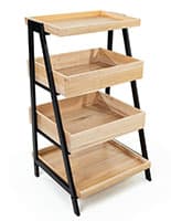 Wooden tiered display shelving with black powder coated metal