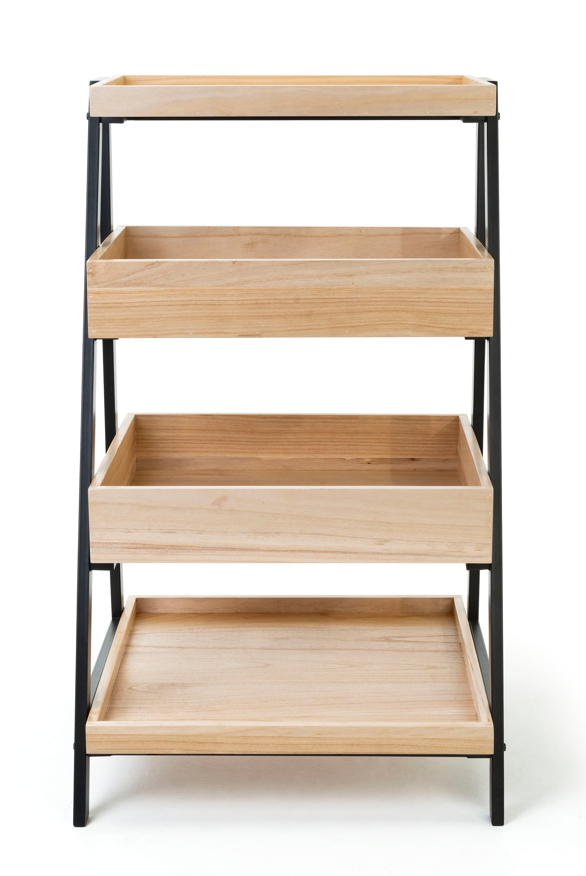 Wooden tiered display shelving with overall height of 46.5 inches