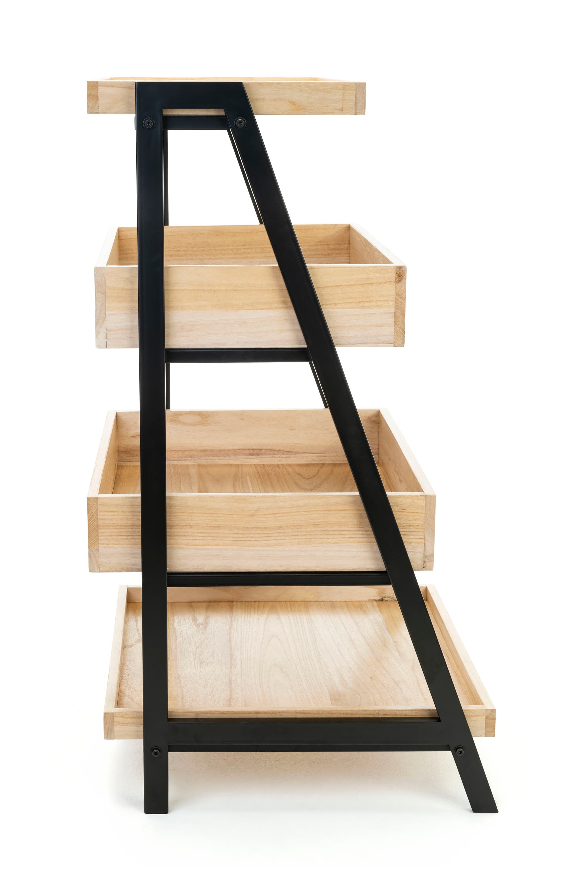 Wooden tiered display shelving with weight capacity of 66 pounds