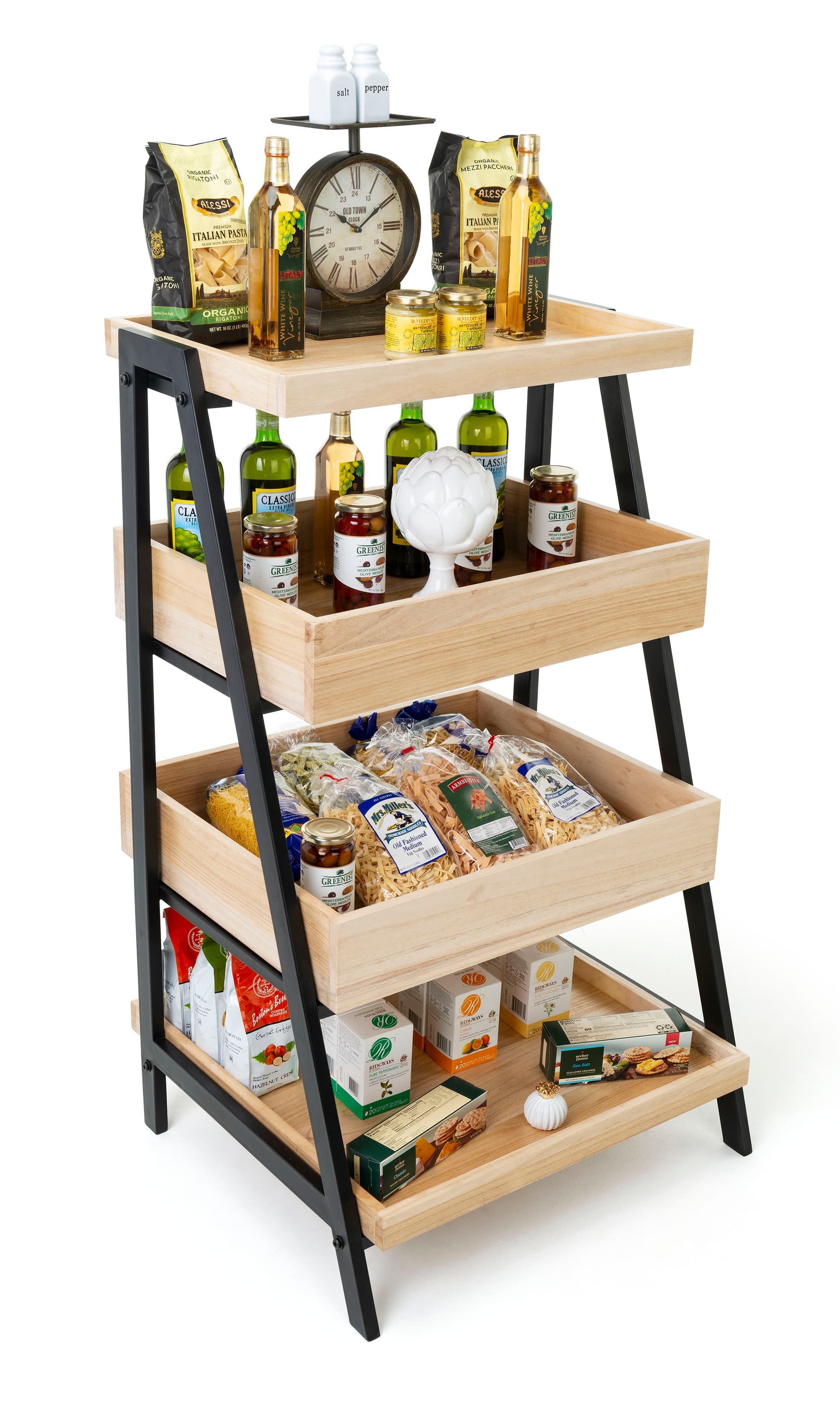 Wooden tiered display shelving has sturdy wood and metal construction