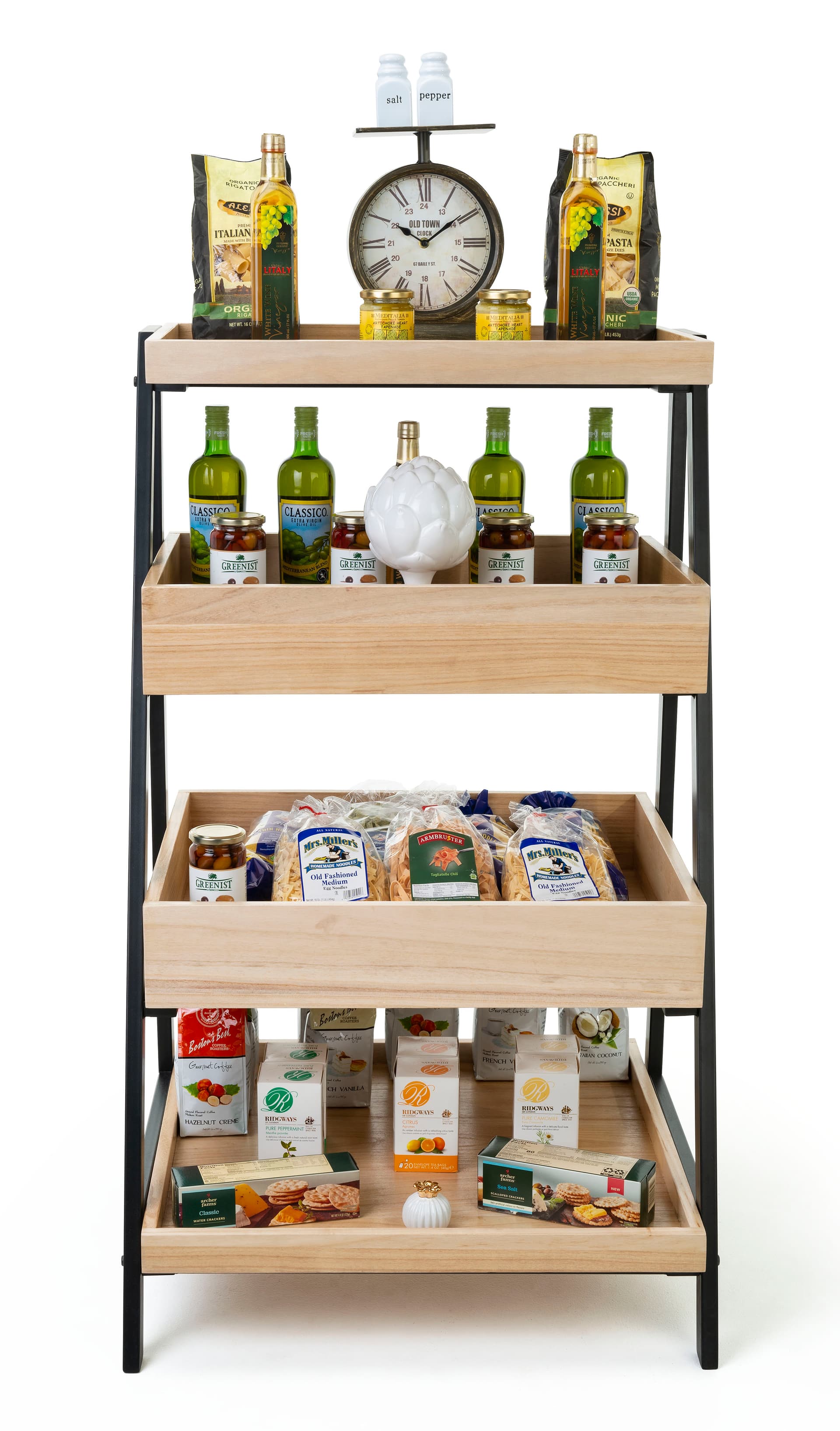 Wooden tiered display shelving with item protection lips