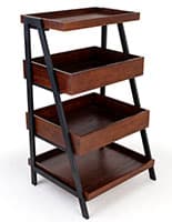 Rustic wooden dump merchandising shelves with four levels
