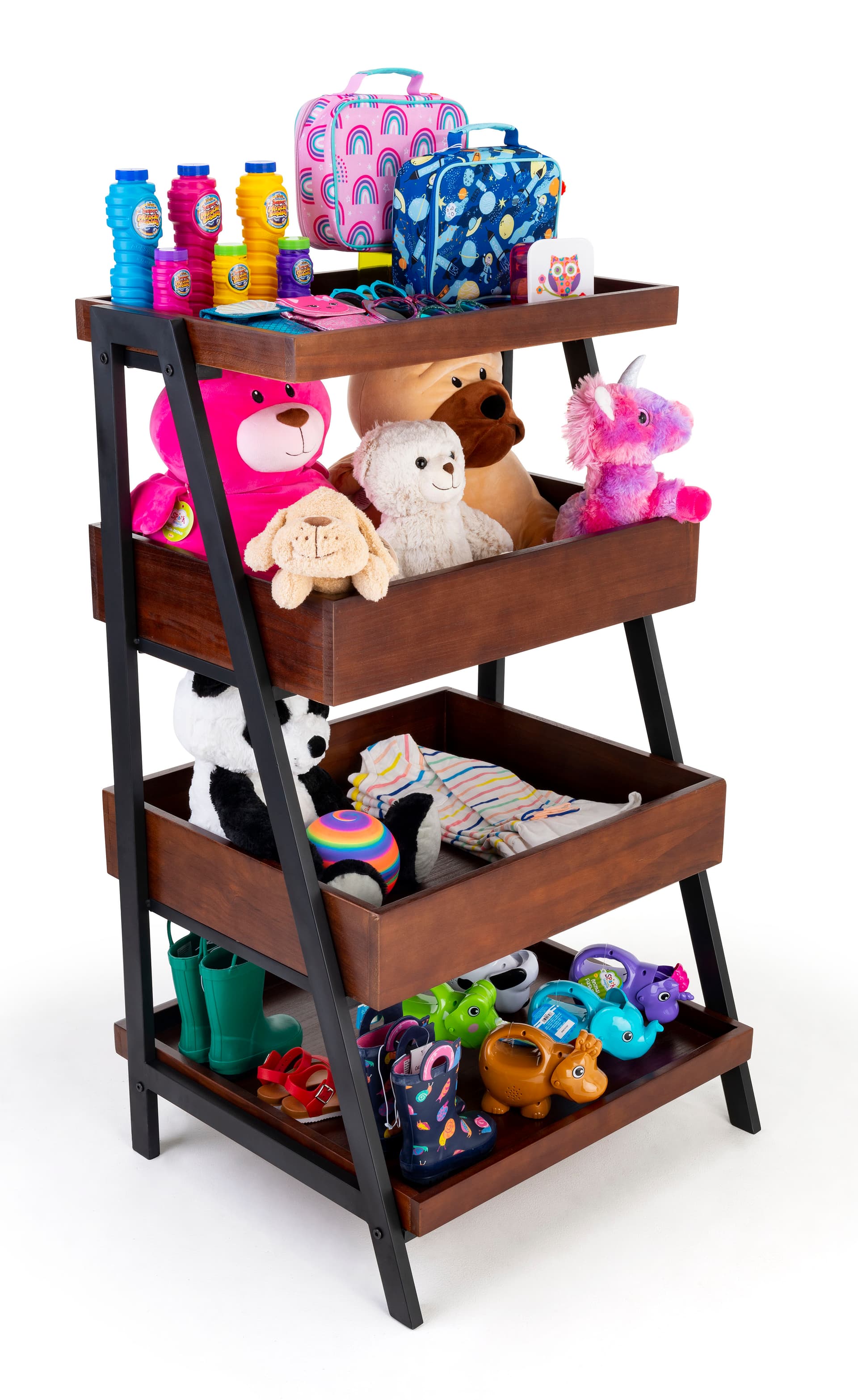 Rustic wooden dump merchandising shelves has a sturdy wood and metal construction