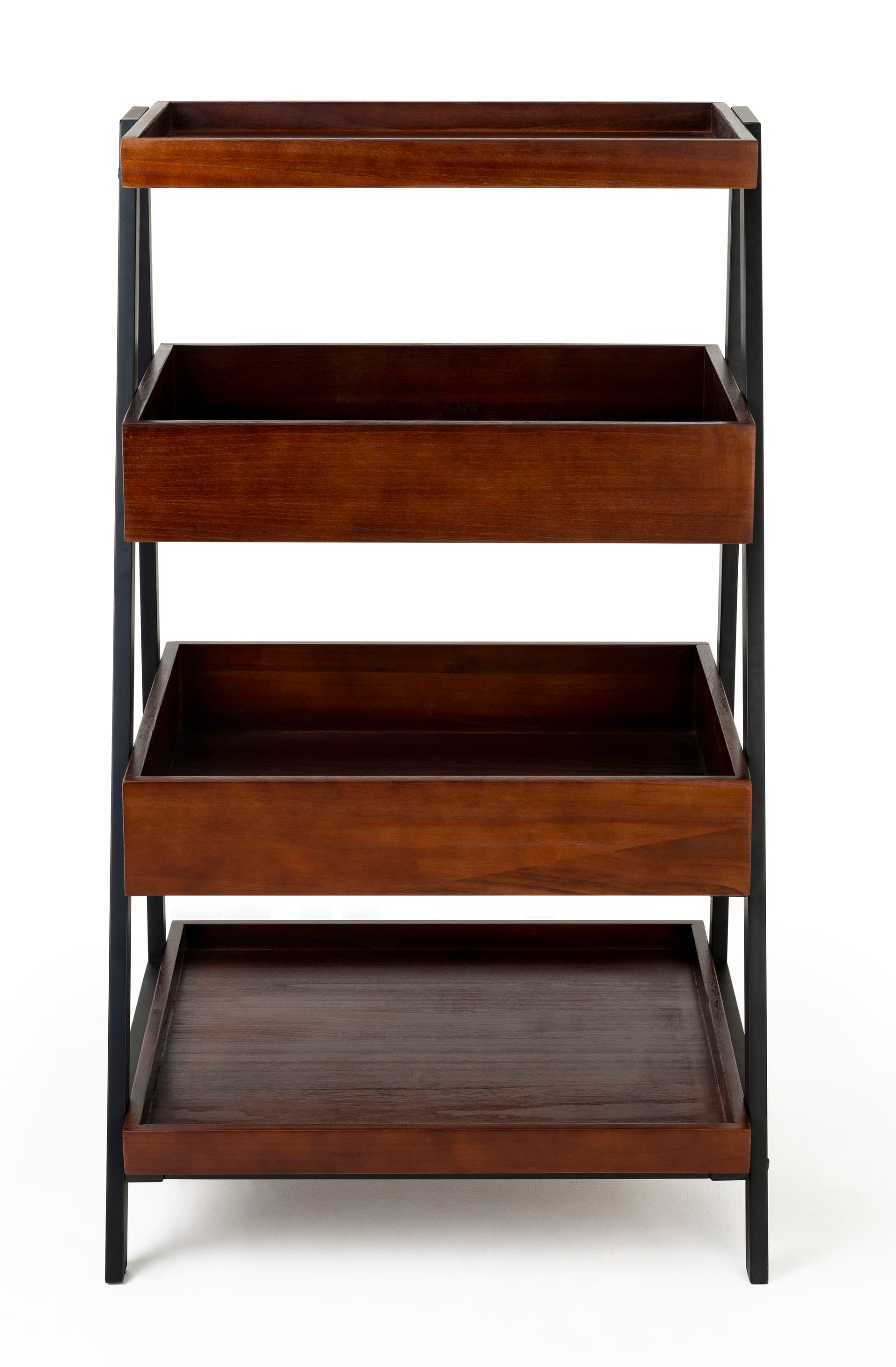 Rustic wooden dump merchandising shelves with an overall height of 46.5 inches 