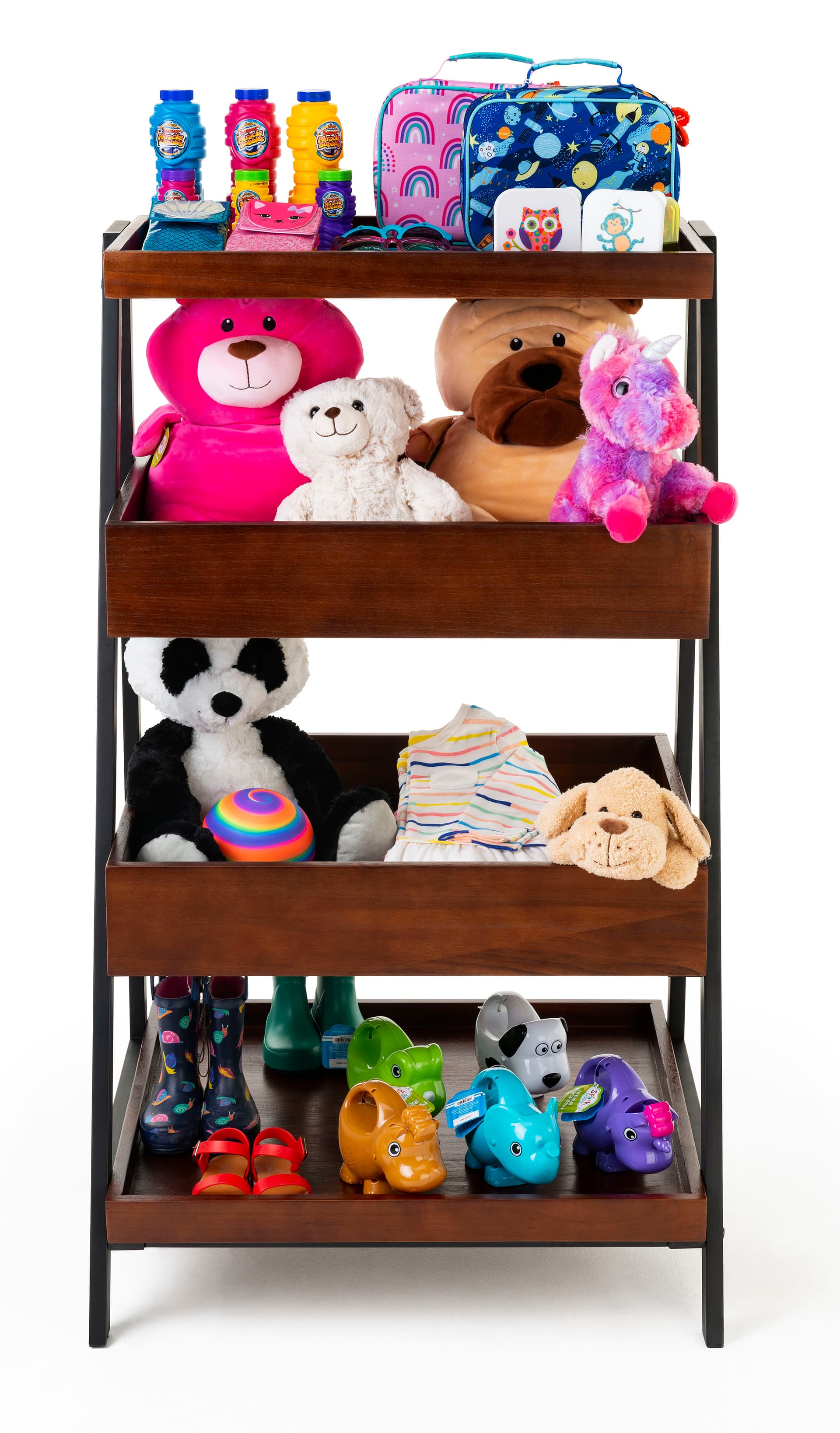 Rustic wooden dump merchandising shelves with a weight capacity of 66 pounds per shelf