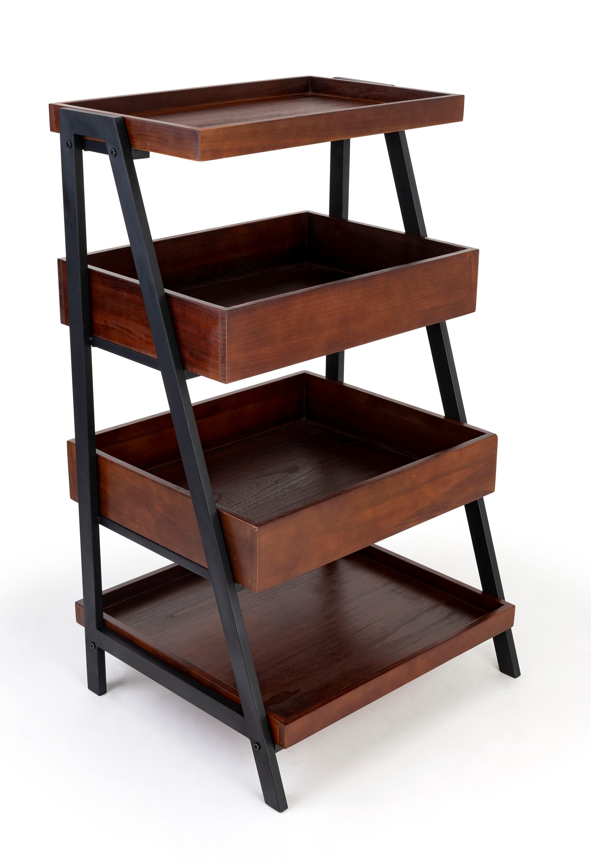 Rustic wooden dump merchandising shelves with dark brown finish