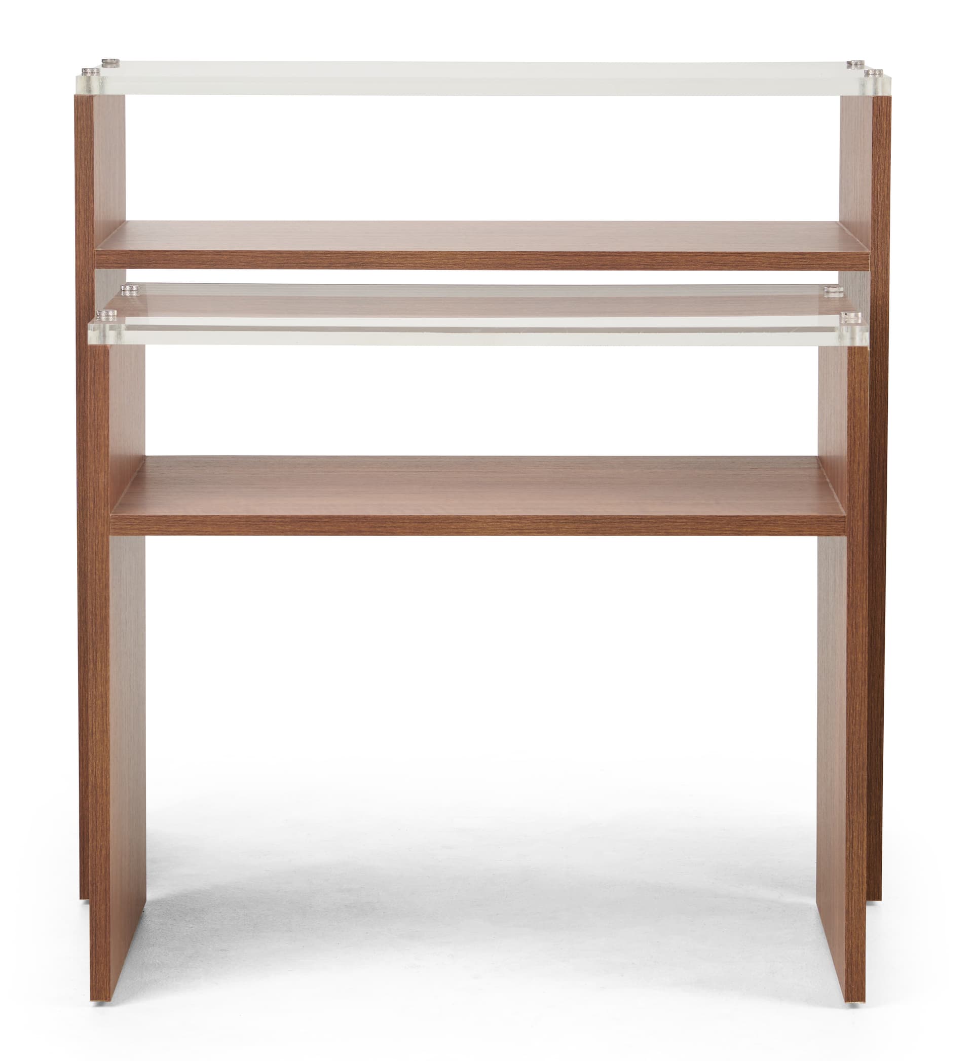 Wood nesting tables for retail display with walnut colorway 