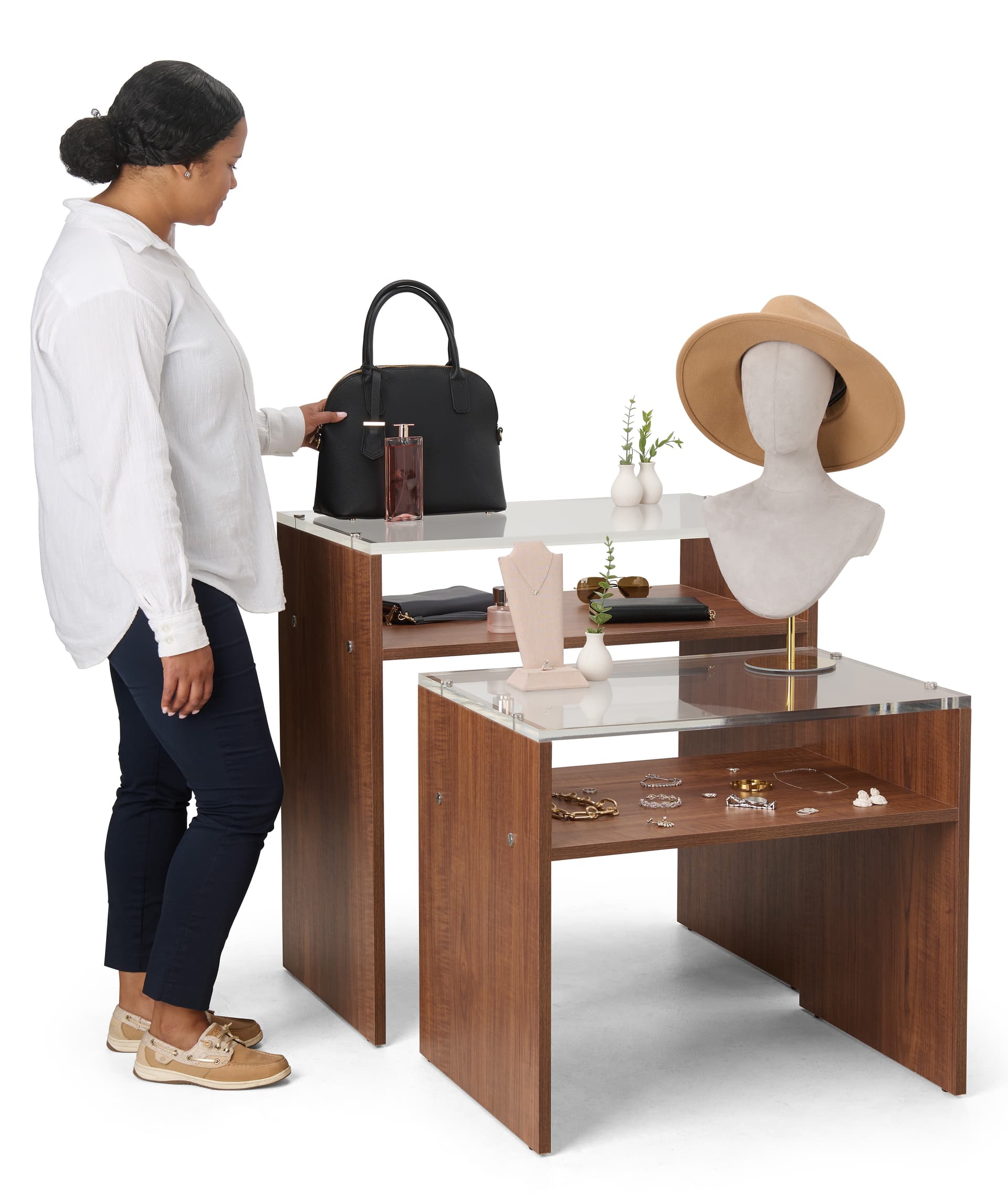 Wood nesting tables for retail display with weight capacity of 50 pounds